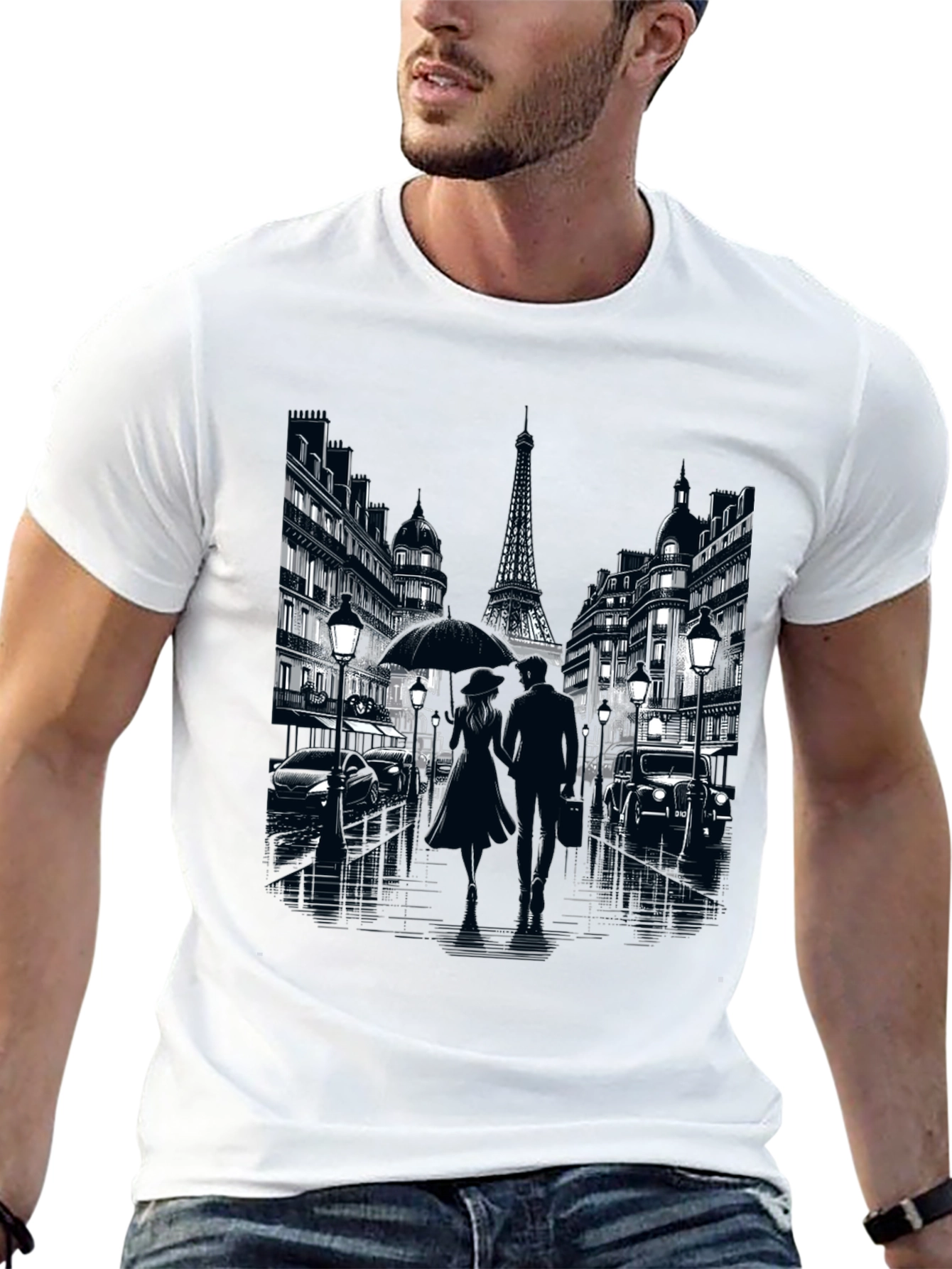 Paris Romance Graphic T-Shirt - Eiffel Tower Cityscape Tee