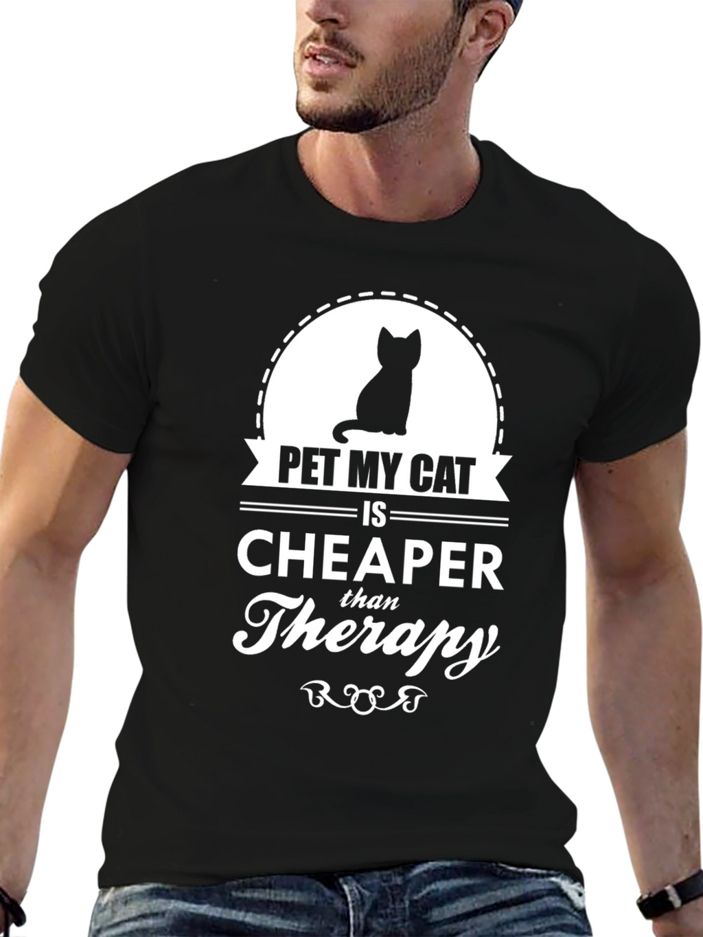 Pet My Cat Therapy T-Shirt - Black Cotton Tee