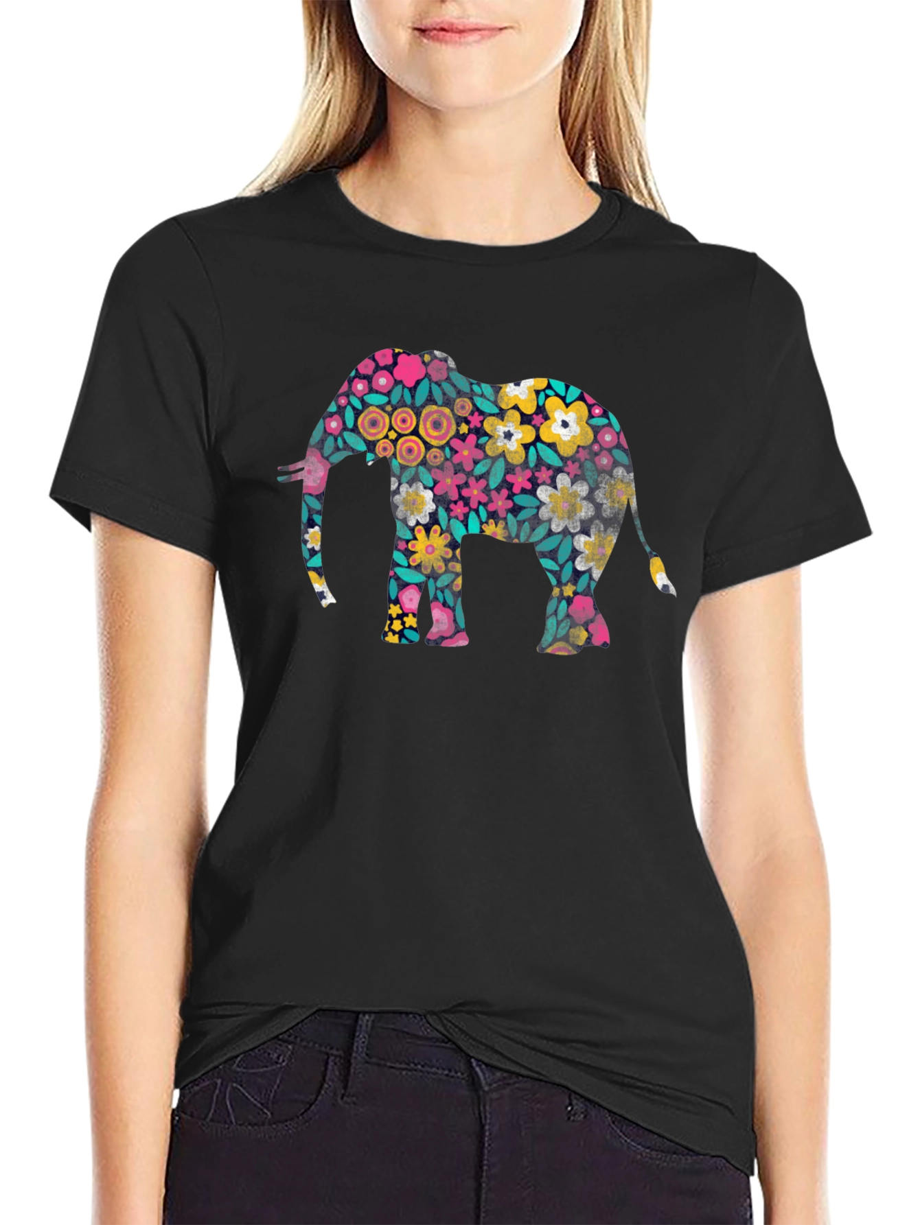 Floral Elephant Print Black T-Shirt