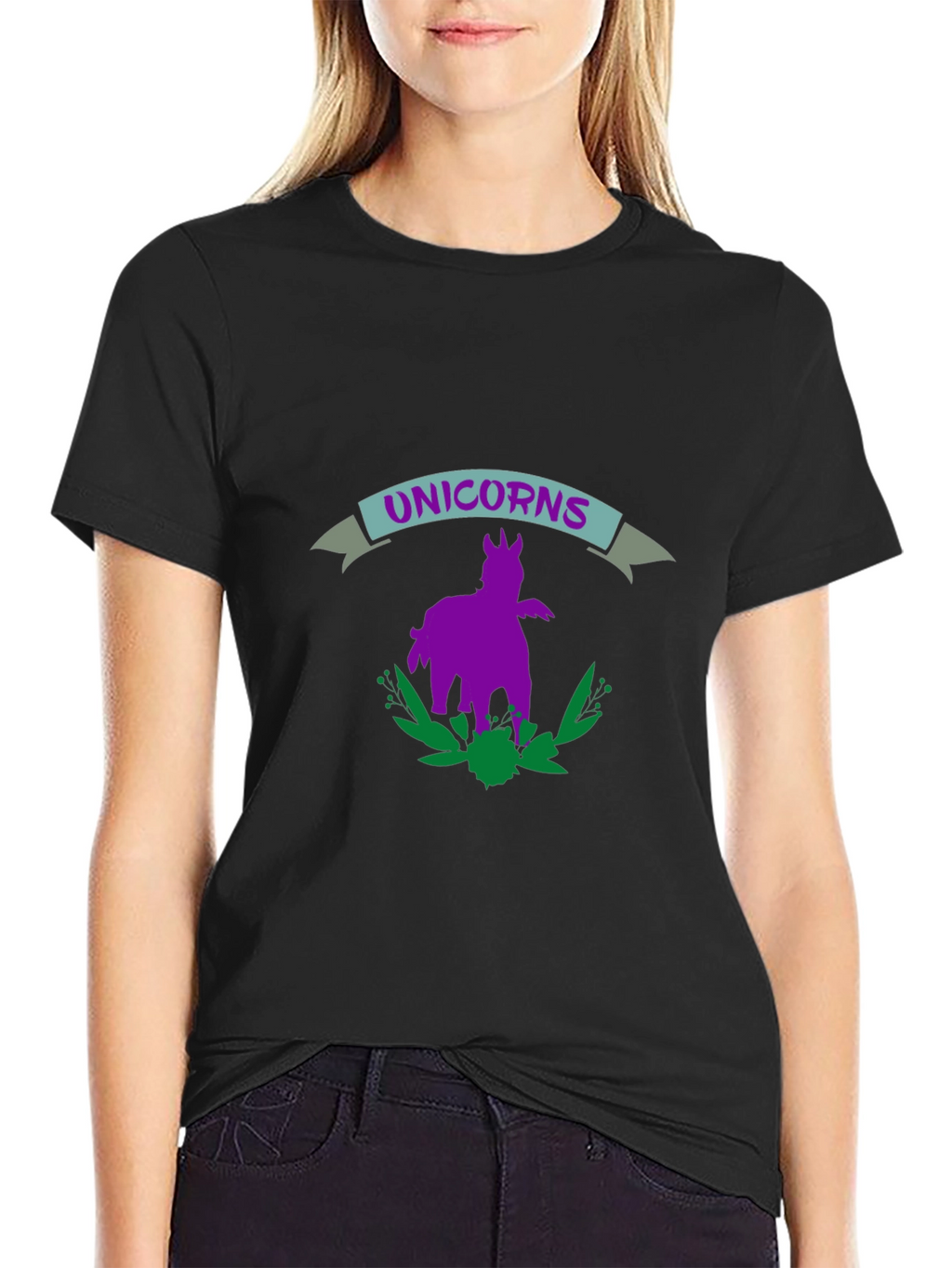 Unicorns Graphic Print Black T-Shirt