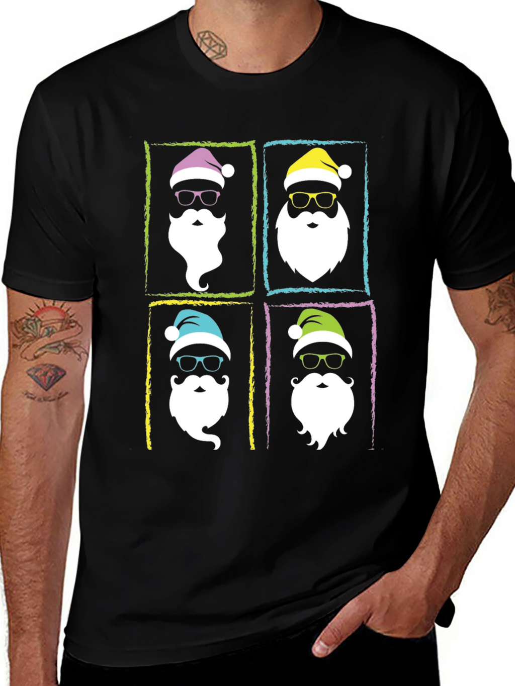 Hipster Santa Graphic T-Shirt - Black Holiday Tee