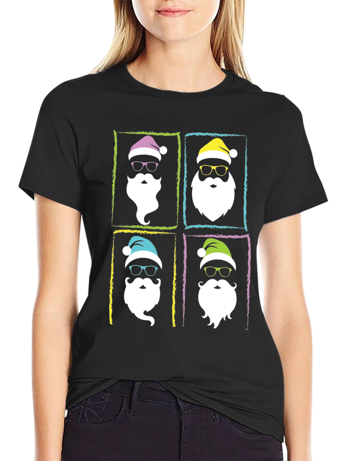 Hipster Santa Graphic T-Shirt - Black Holiday Tee
