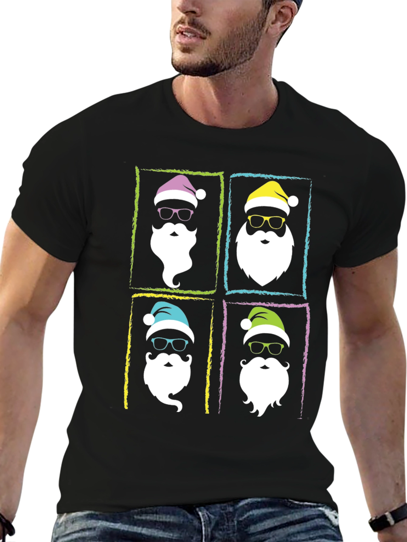 Hipster Santa Graphic T-Shirt - Black Holiday Tee