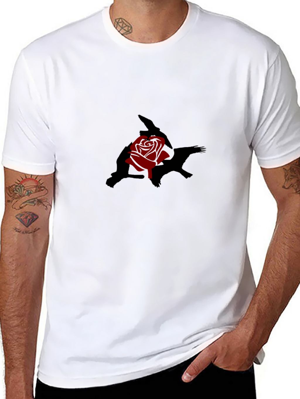 Black T-Shirt with Rose and Shadow Graphic Print
