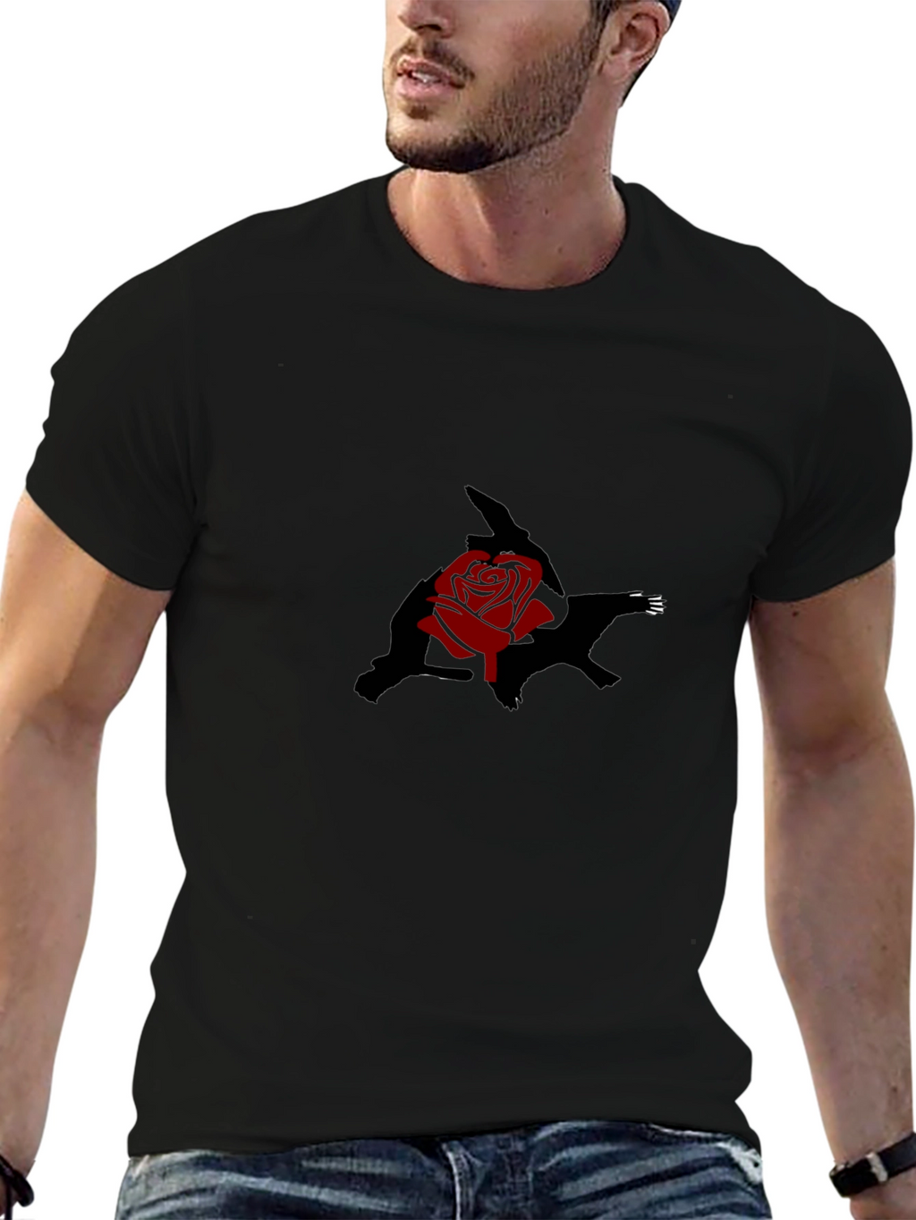 Black T-Shirt with Rose and Shadow Graphic Print
