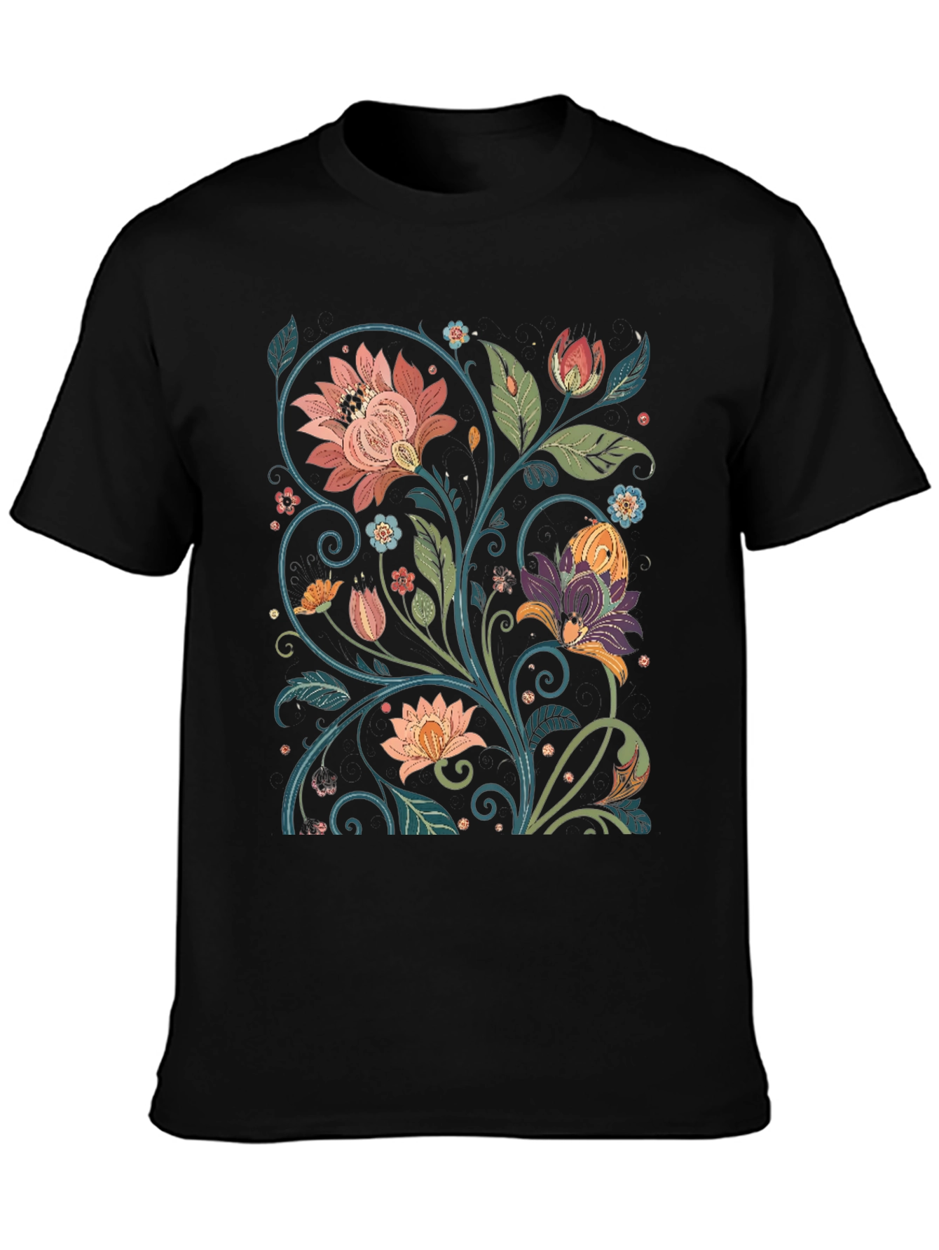 Floral Pattern Black T-Shirt - Vintage Style