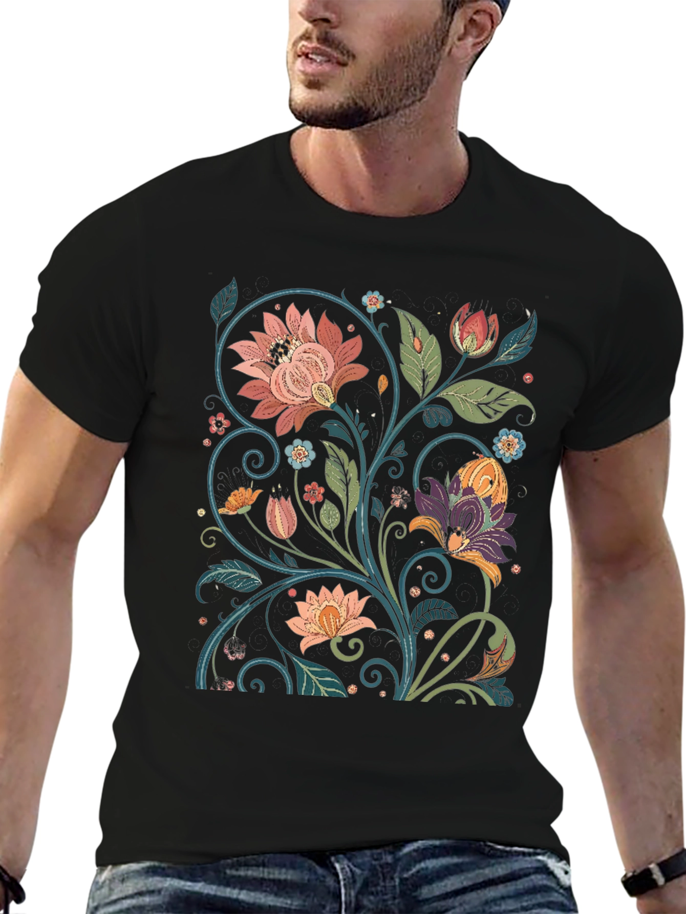 Floral Pattern Black T-Shirt - Vintage Style