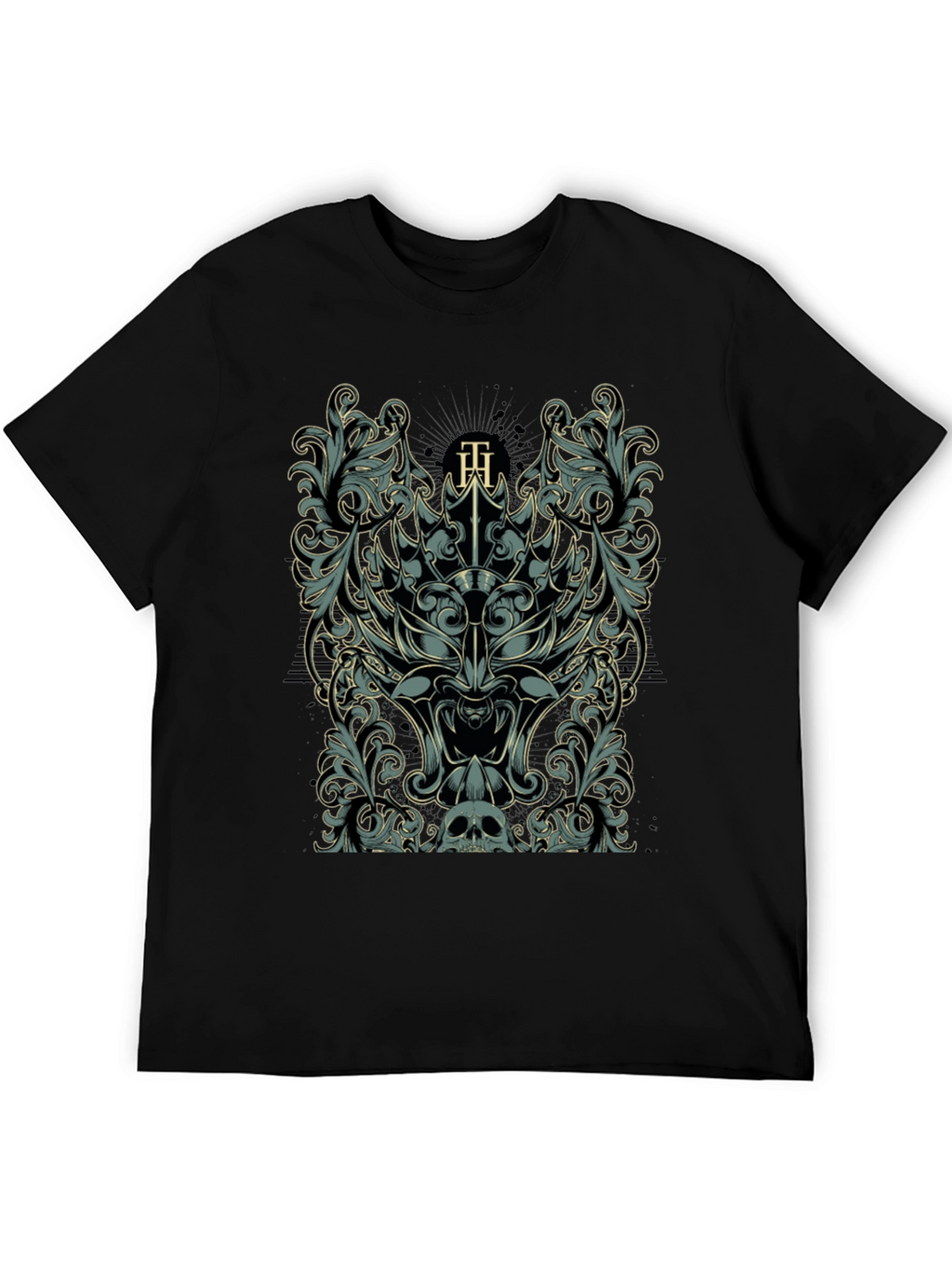 Ornate Skull & Floral Graphic Black T-Shirt