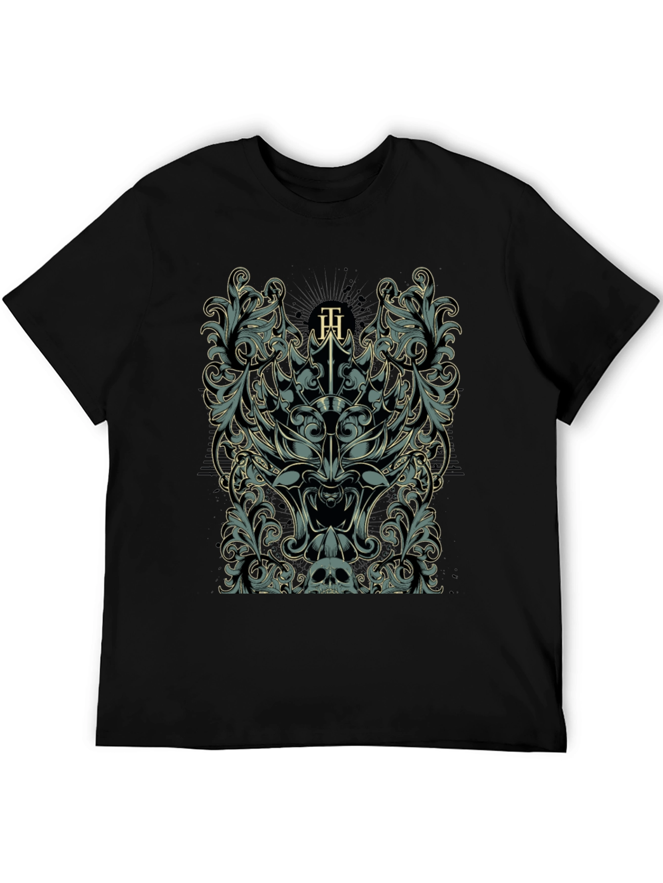 Ornate Skull & Floral Graphic Black T-Shirt