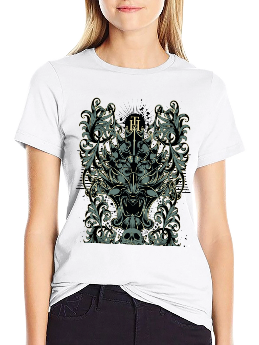 Ornate Skull & Floral Graphic Black T-Shirt