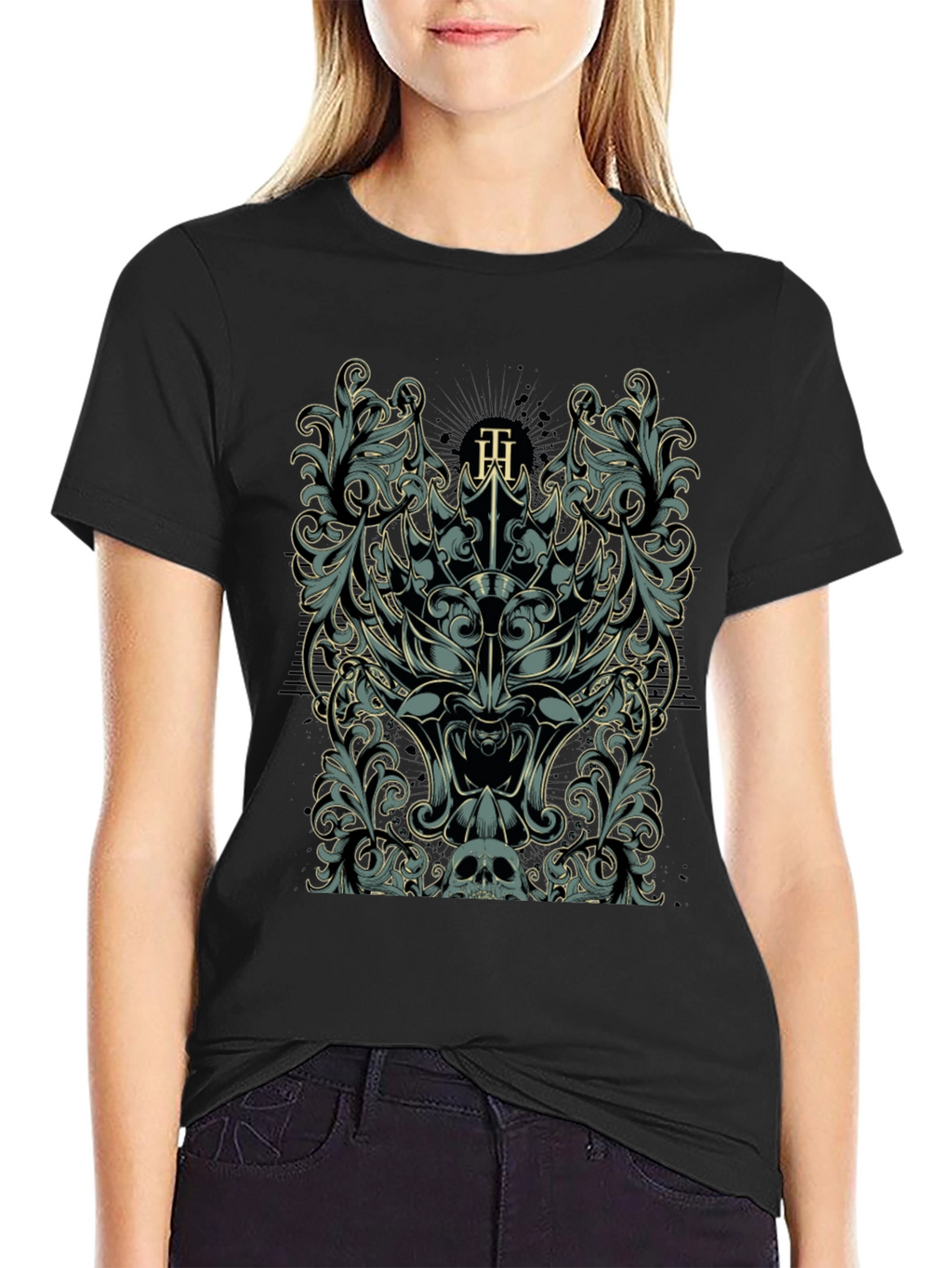 Ornate Skull & Floral Graphic Black T-Shirt