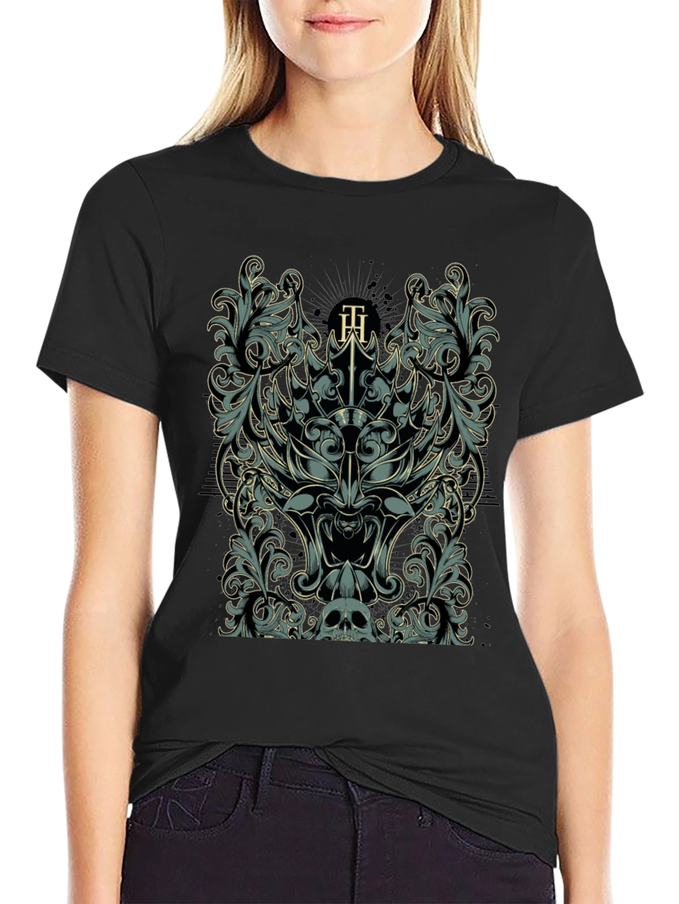 Ornate Skull & Floral Graphic Black T-Shirt