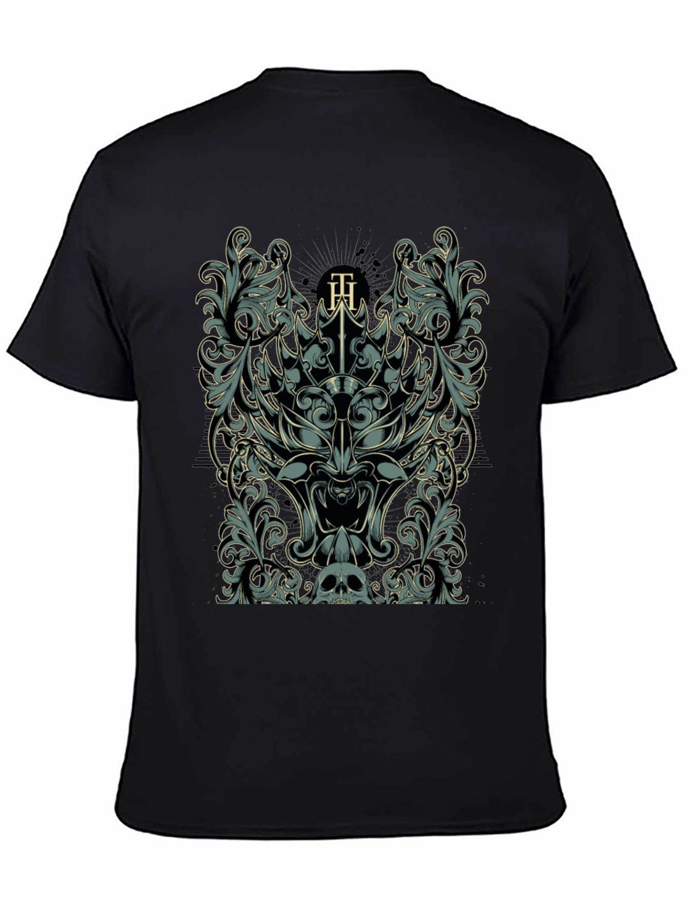 Ornate Skull & Floral Graphic Black T-Shirt