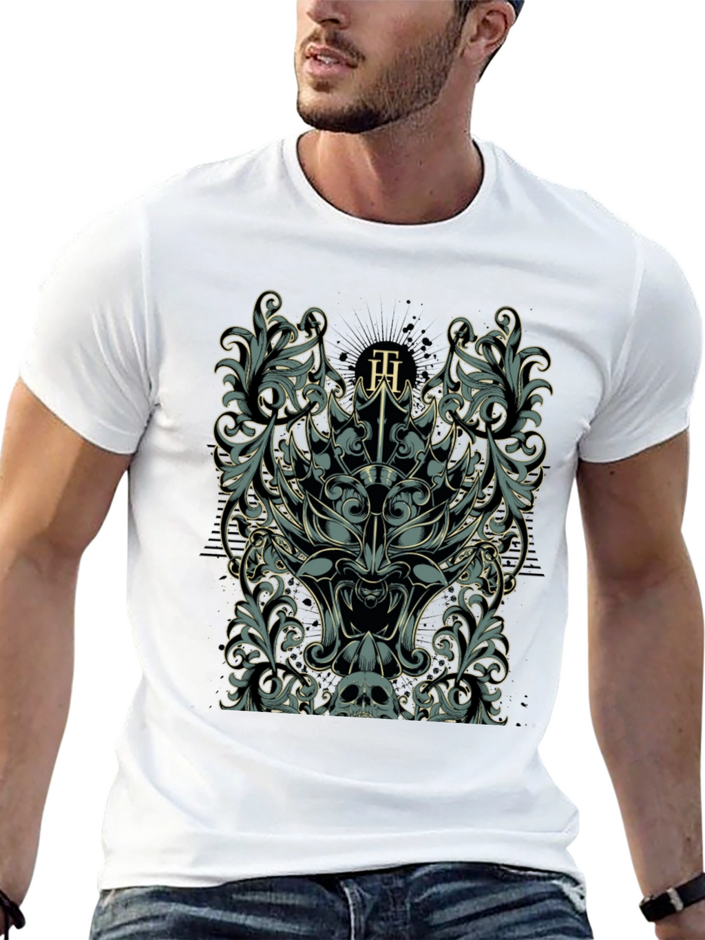 Ornate Skull & Floral Graphic Black T-Shirt