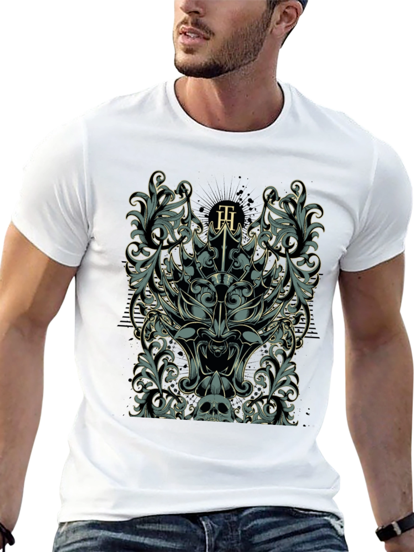 Ornate Skull & Floral Graphic Black T-Shirt