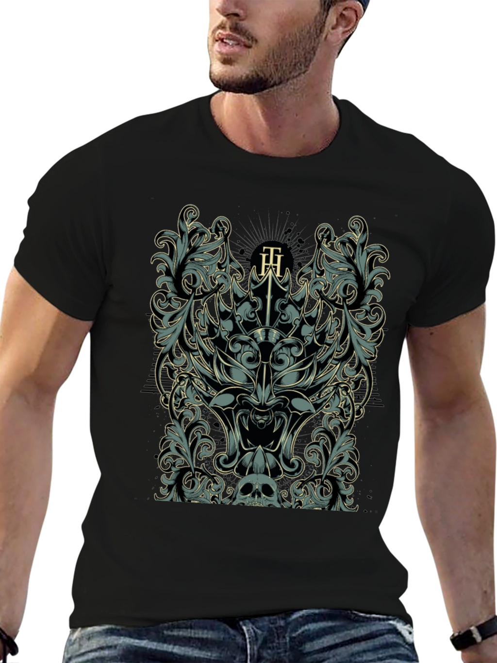 Ornate Skull & Floral Graphic Black T-Shirt