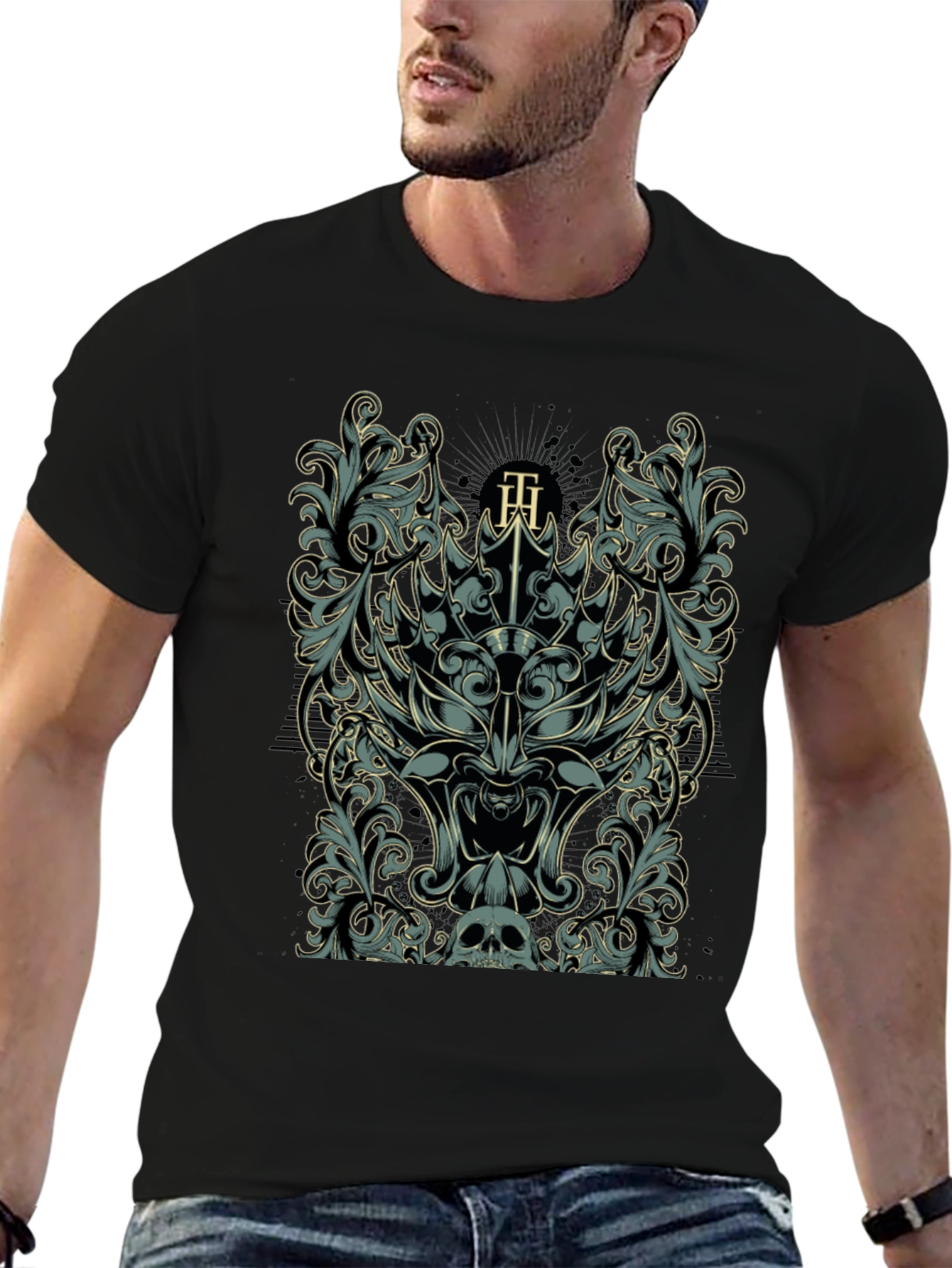 Ornate Skull & Floral Graphic Black T-Shirt