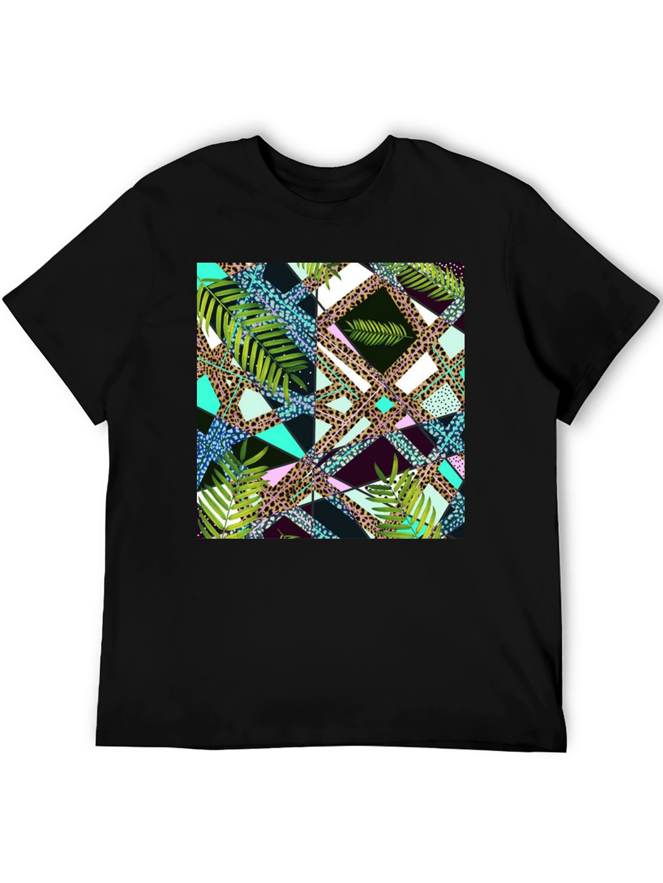 Tropical Geometric Print Mens Black T-Shirt