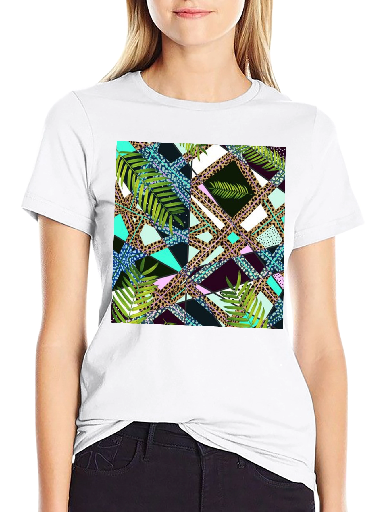 Tropical Geometric Print Mens Black T-Shirt