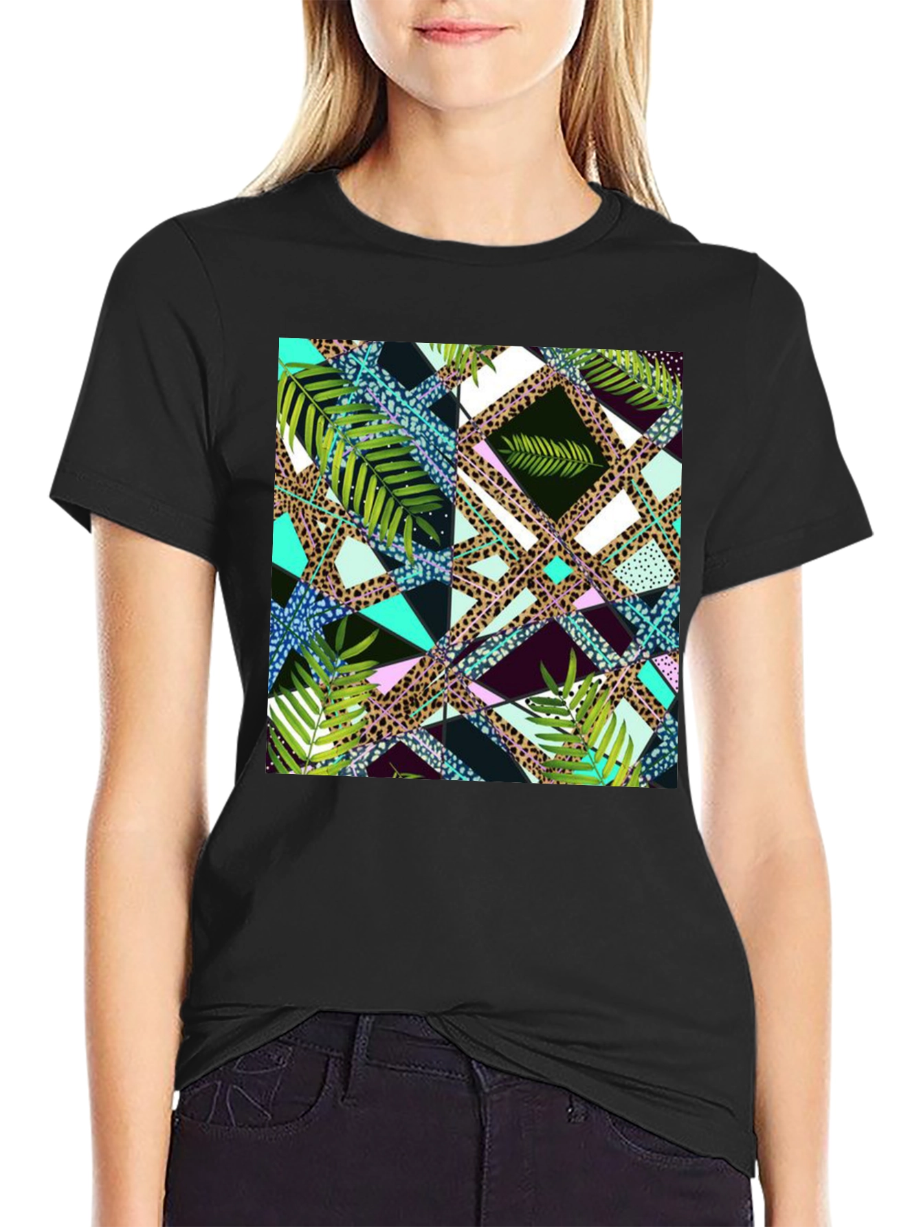 Tropical Geometric Print Mens Black T-Shirt