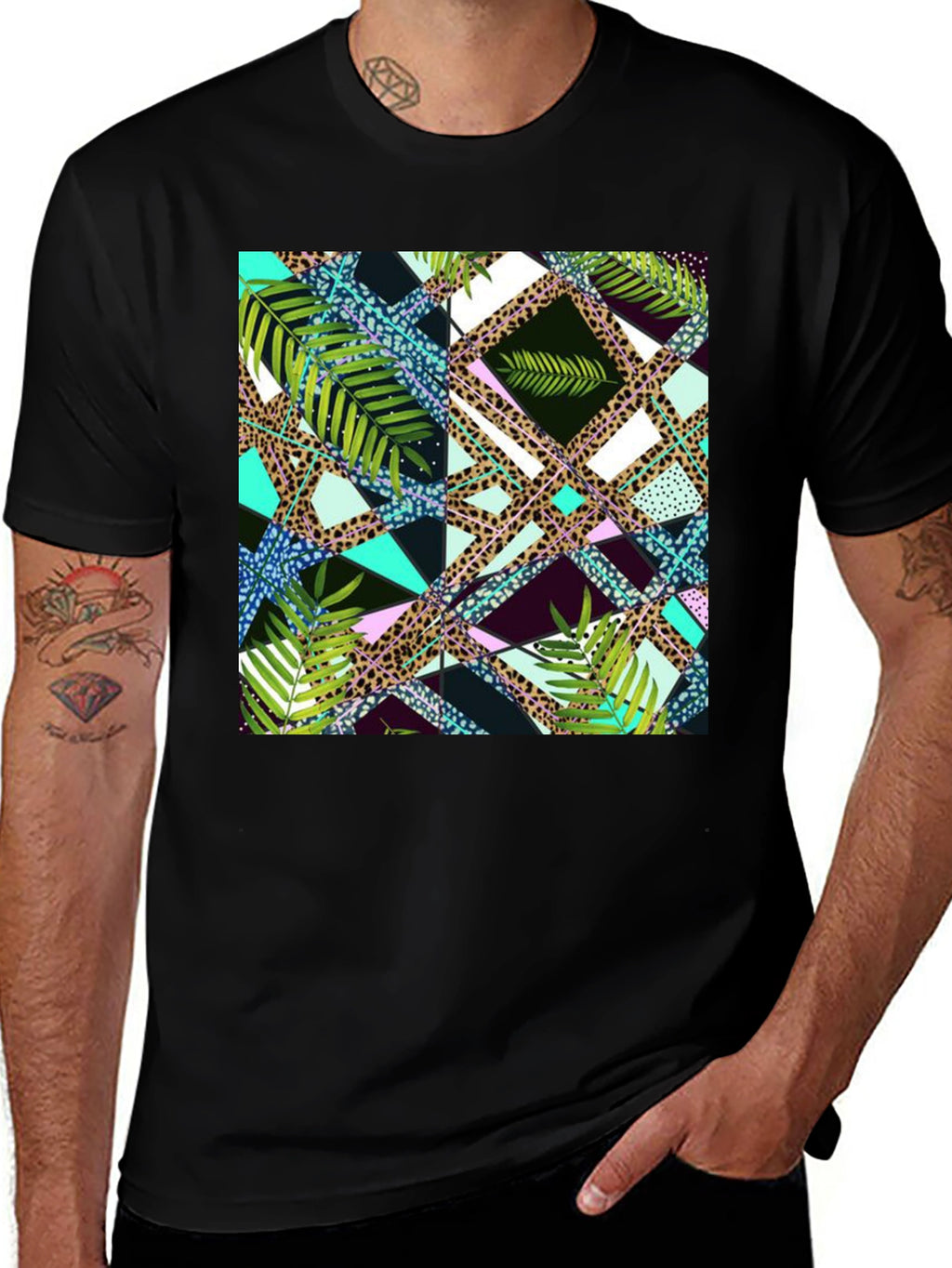 Tropical Geometric Print Mens Black T-Shirt
