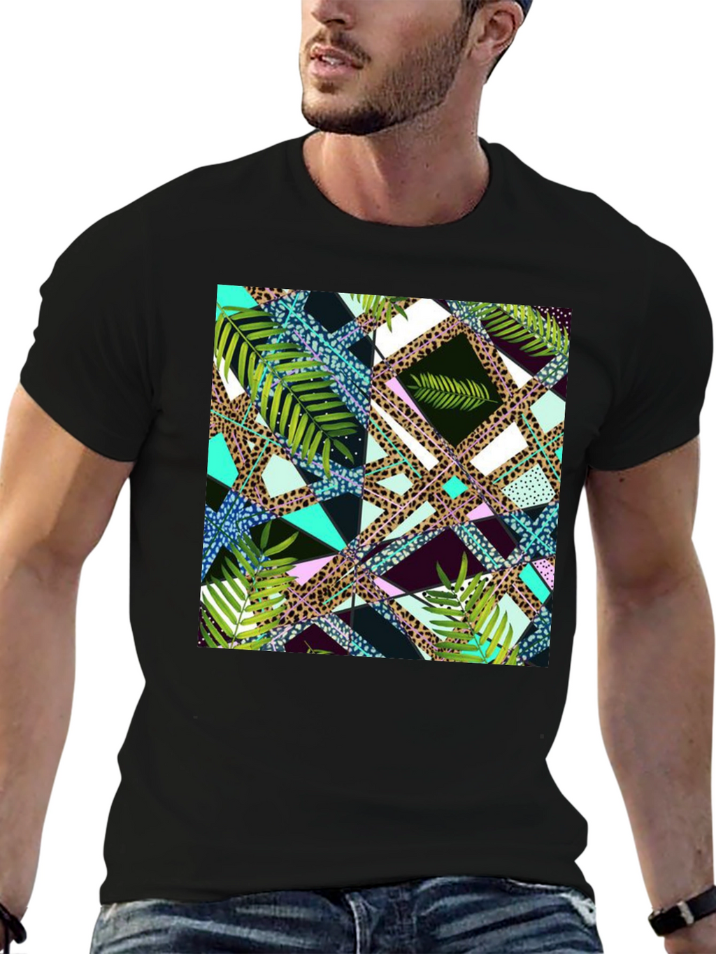 Tropical Geometric Print Mens Black T-Shirt