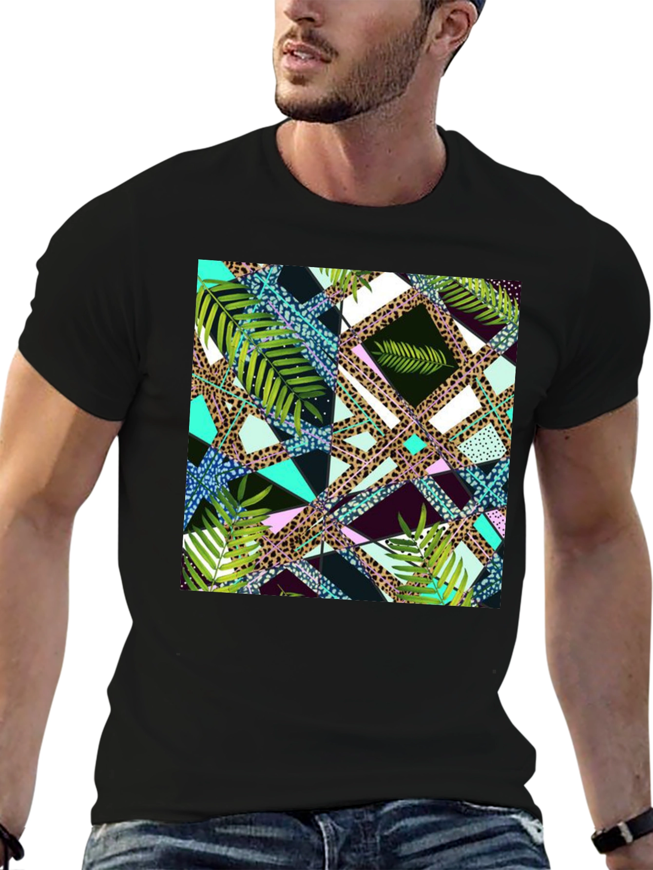 Tropical Geometric Print Mens Black T-Shirt