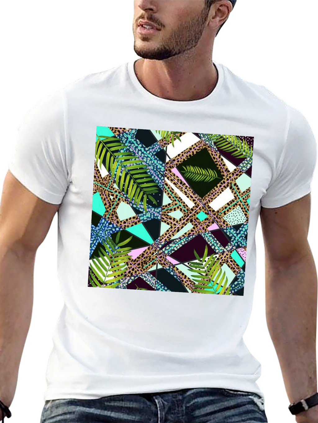 Tropical Geometric Print Mens Black T-Shirt