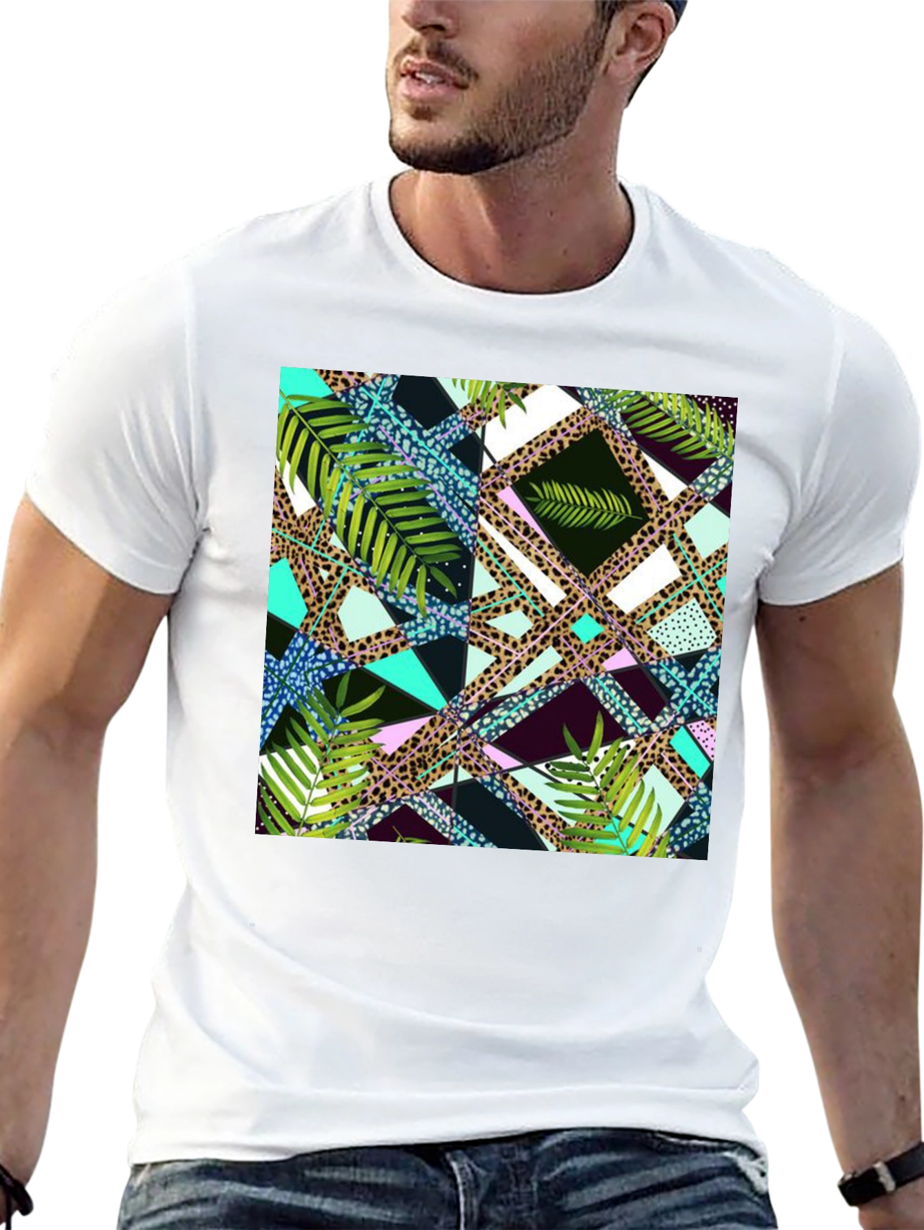 Tropical Geometric Print Mens Black T-Shirt