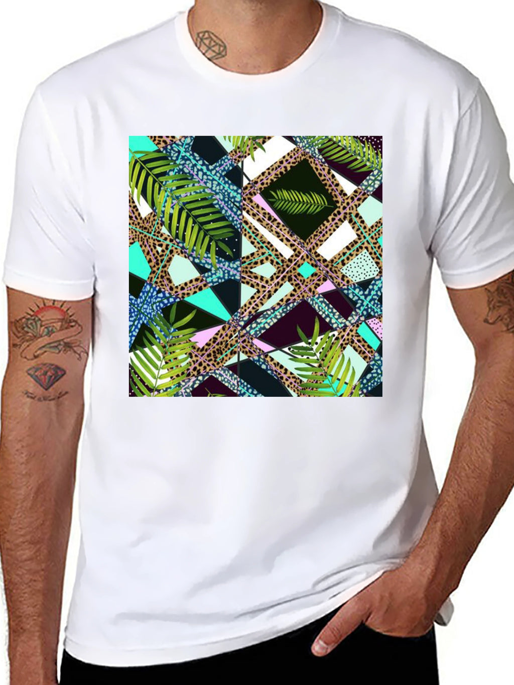 Tropical Geometric Print Mens Black T-Shirt