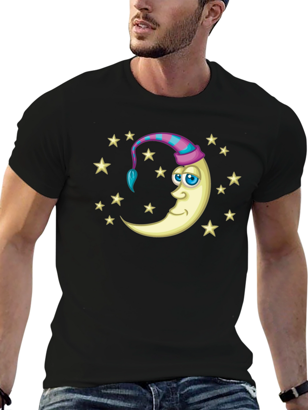 Dreamy Moon Stars Graphic Tee - Black Cotton Shirt