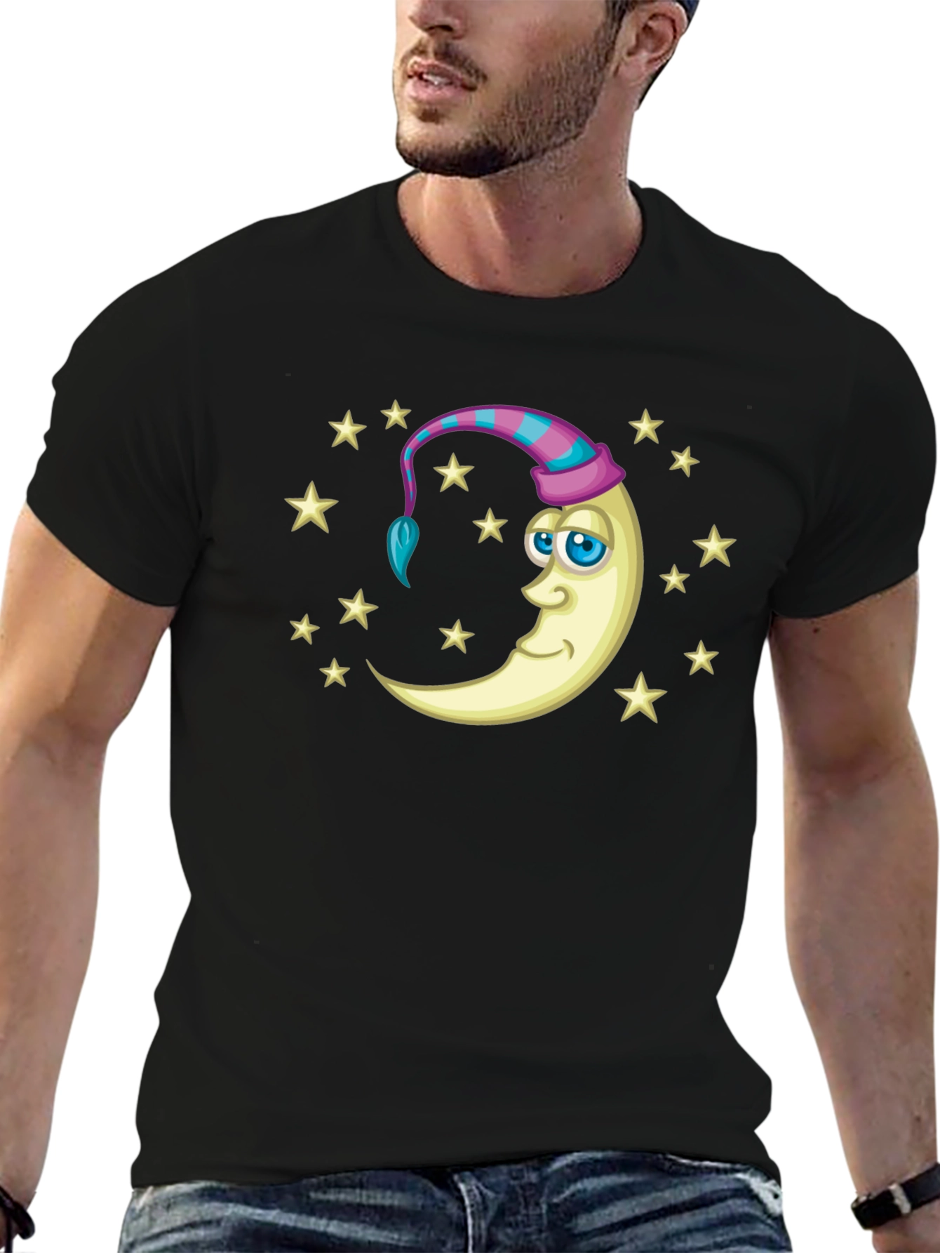 Dreamy Moon Stars Graphic Tee - Black Cotton Shirt