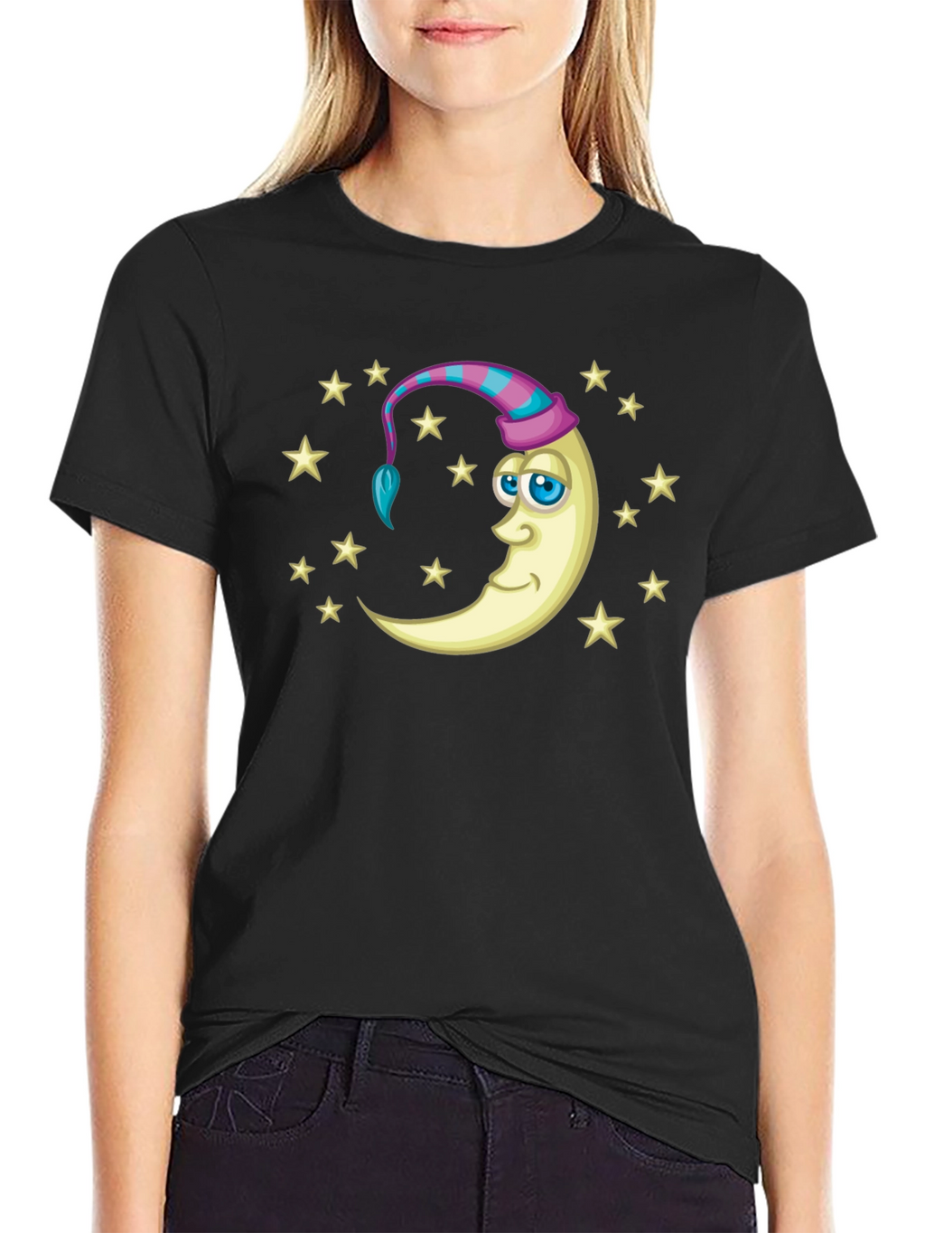 Dreamy Moon Stars Graphic Tee - Black Cotton Shirt