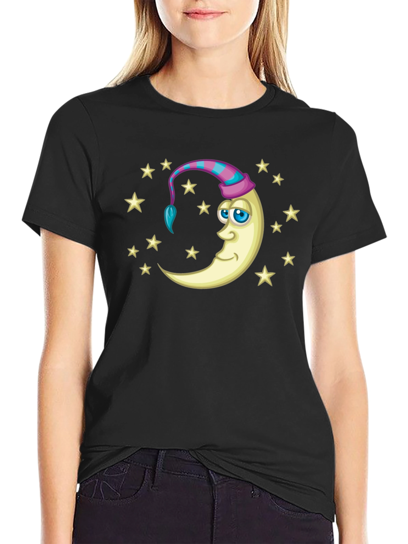 Dreamy Moon Stars Graphic Tee - Black Cotton Shirt