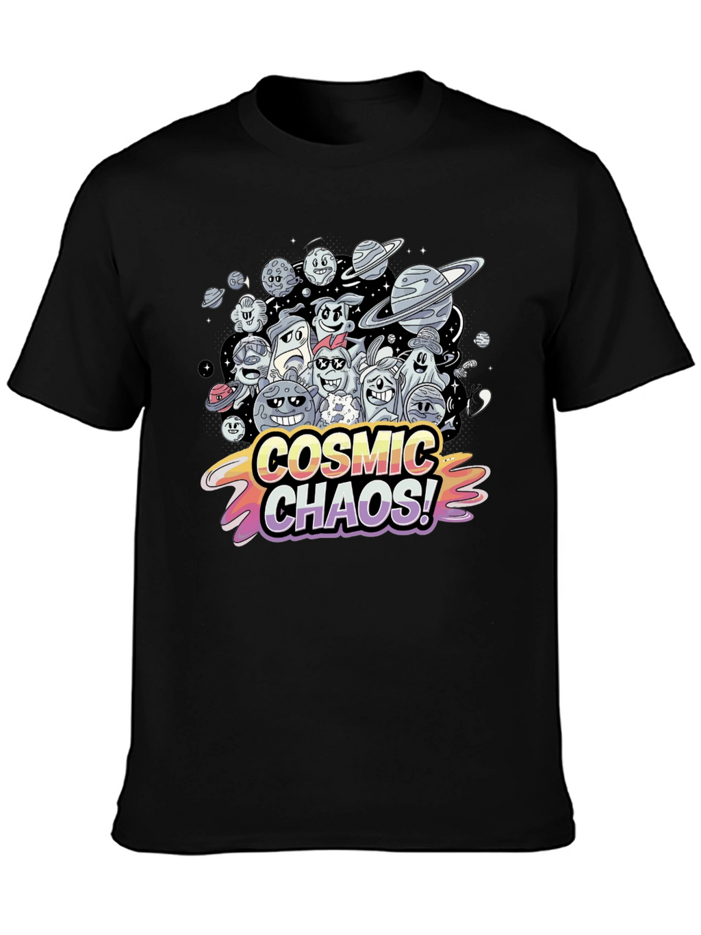 Cosmic Chaos Graphic Print Black T-Shirt