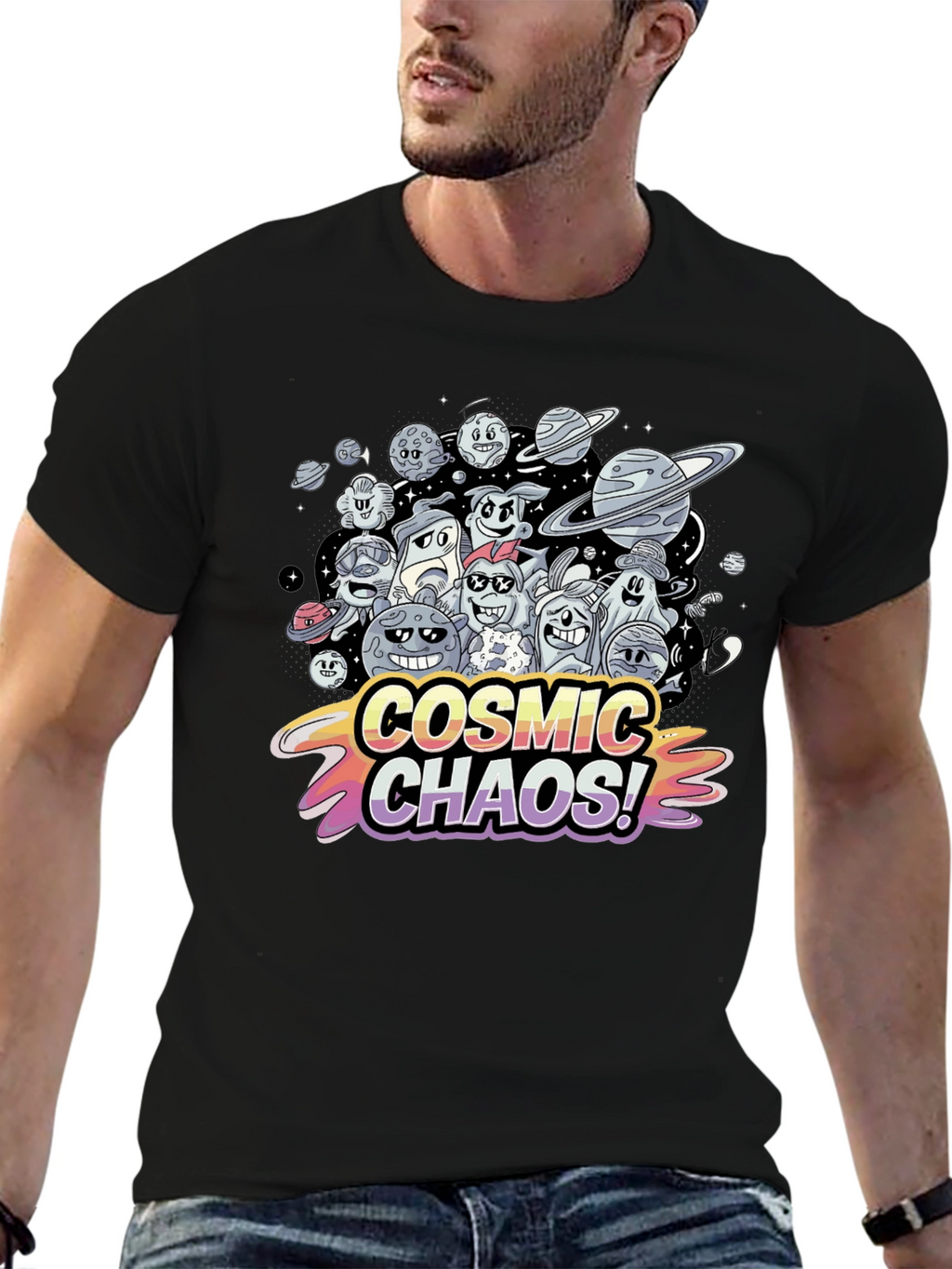 Cosmic Chaos Graphic Print Black T-Shirt