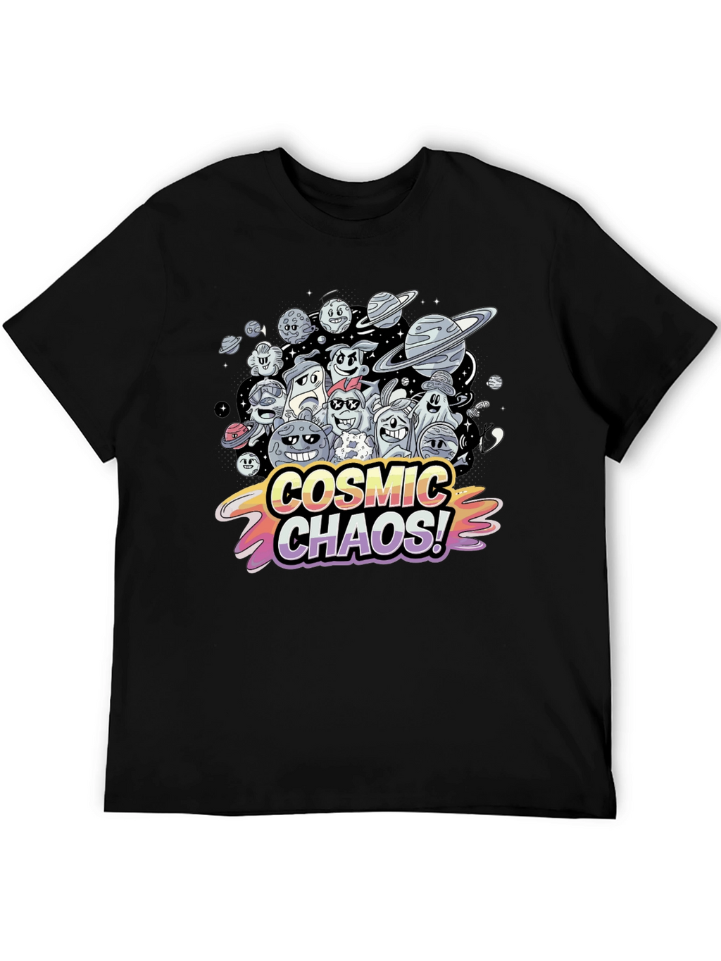 Cosmic Chaos Graphic Print Black T-Shirt