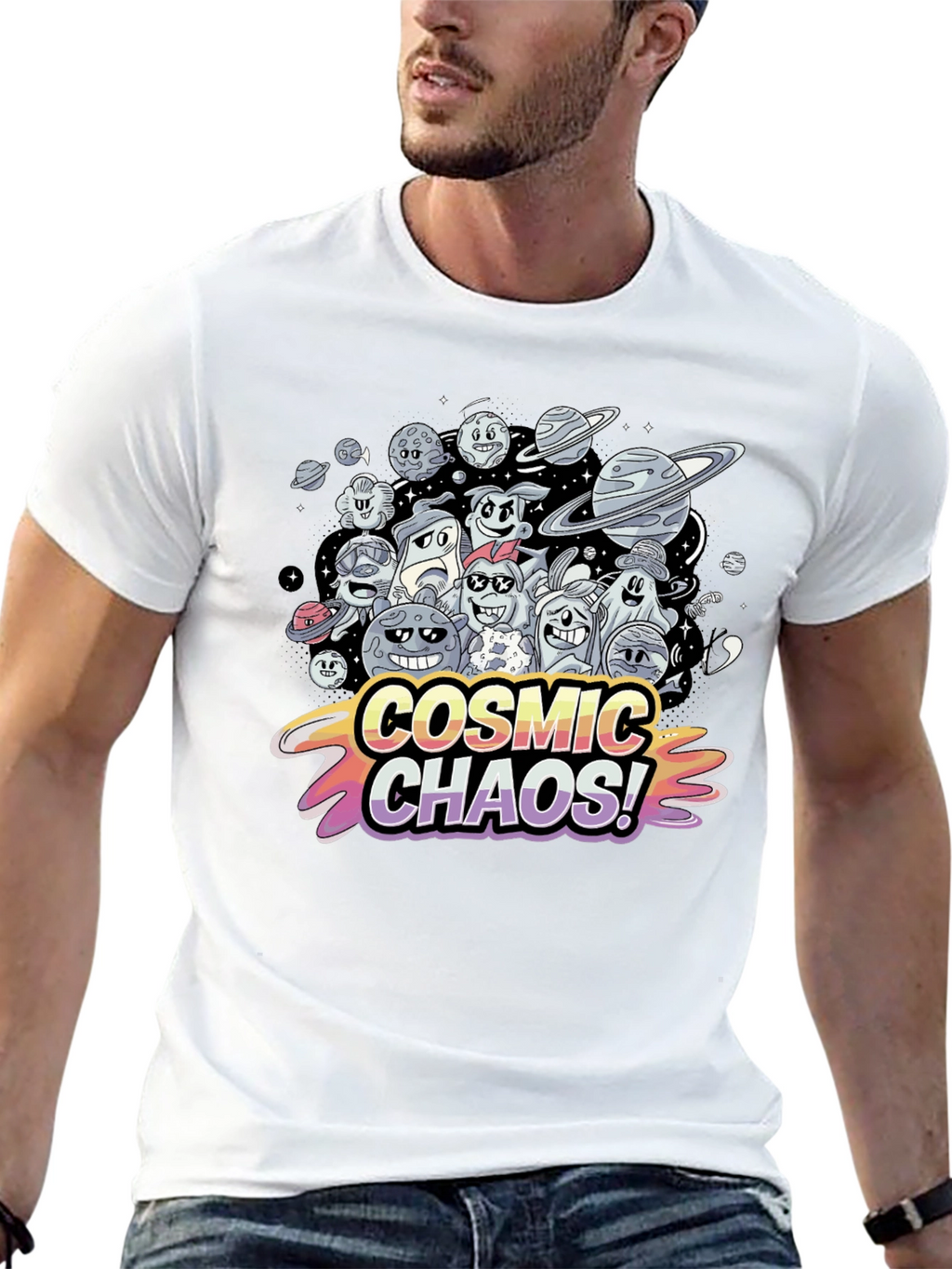 Cosmic Chaos Graphic Print Black T-Shirt