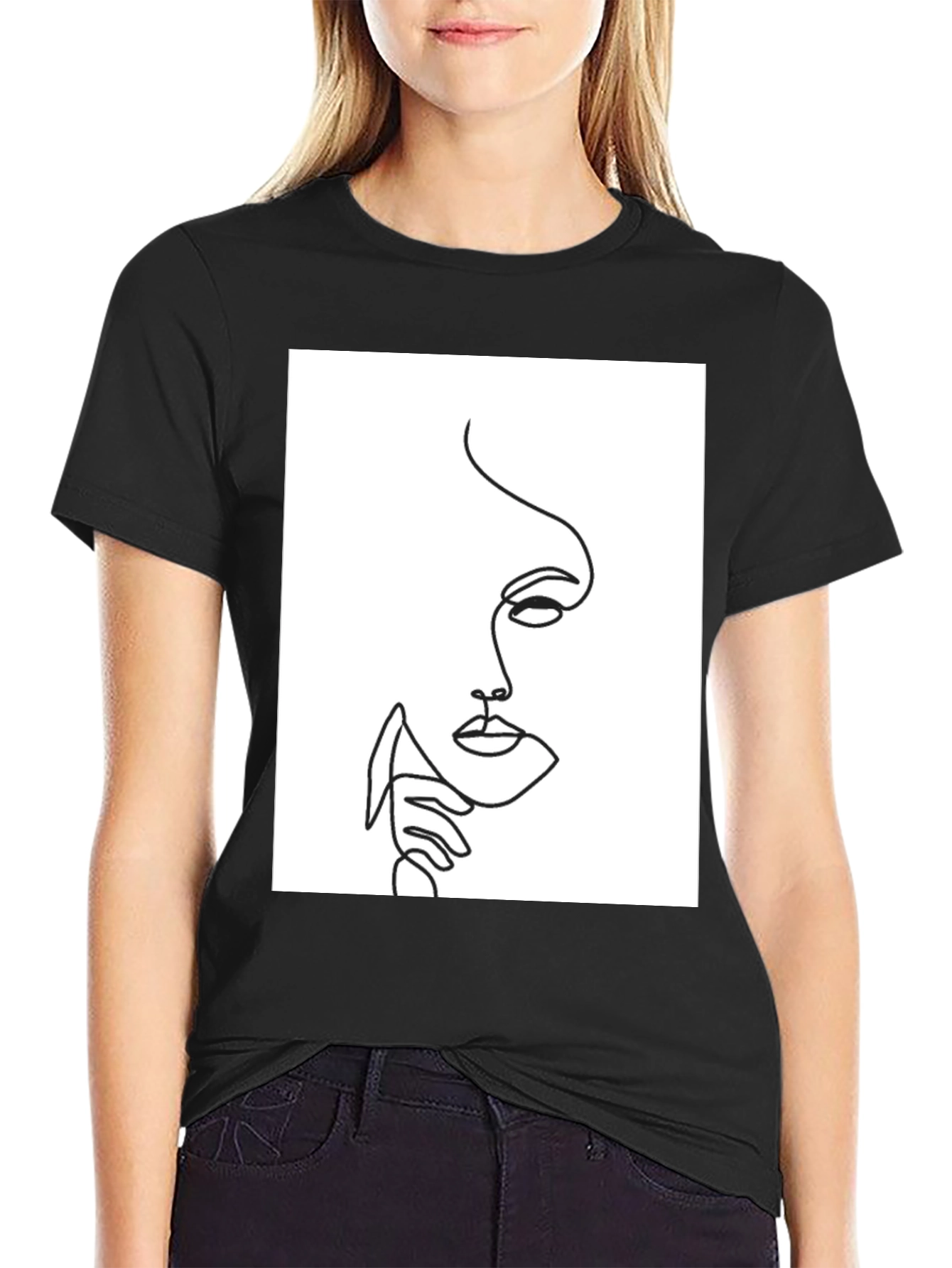 Abstract Face Line Art Black T-Shirt