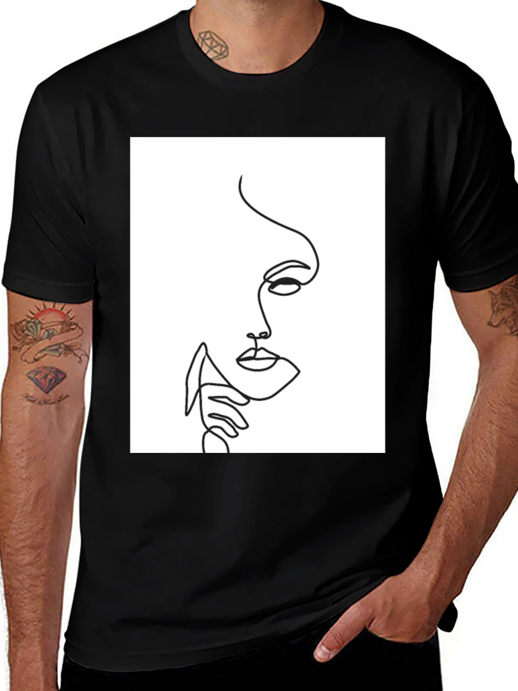 Abstract Face Line Art Black T-Shirt