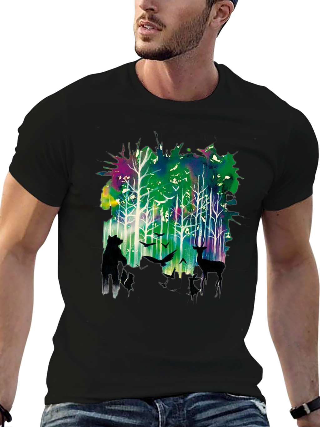 Natures Echo Tee: Forest Deer and Bear Design