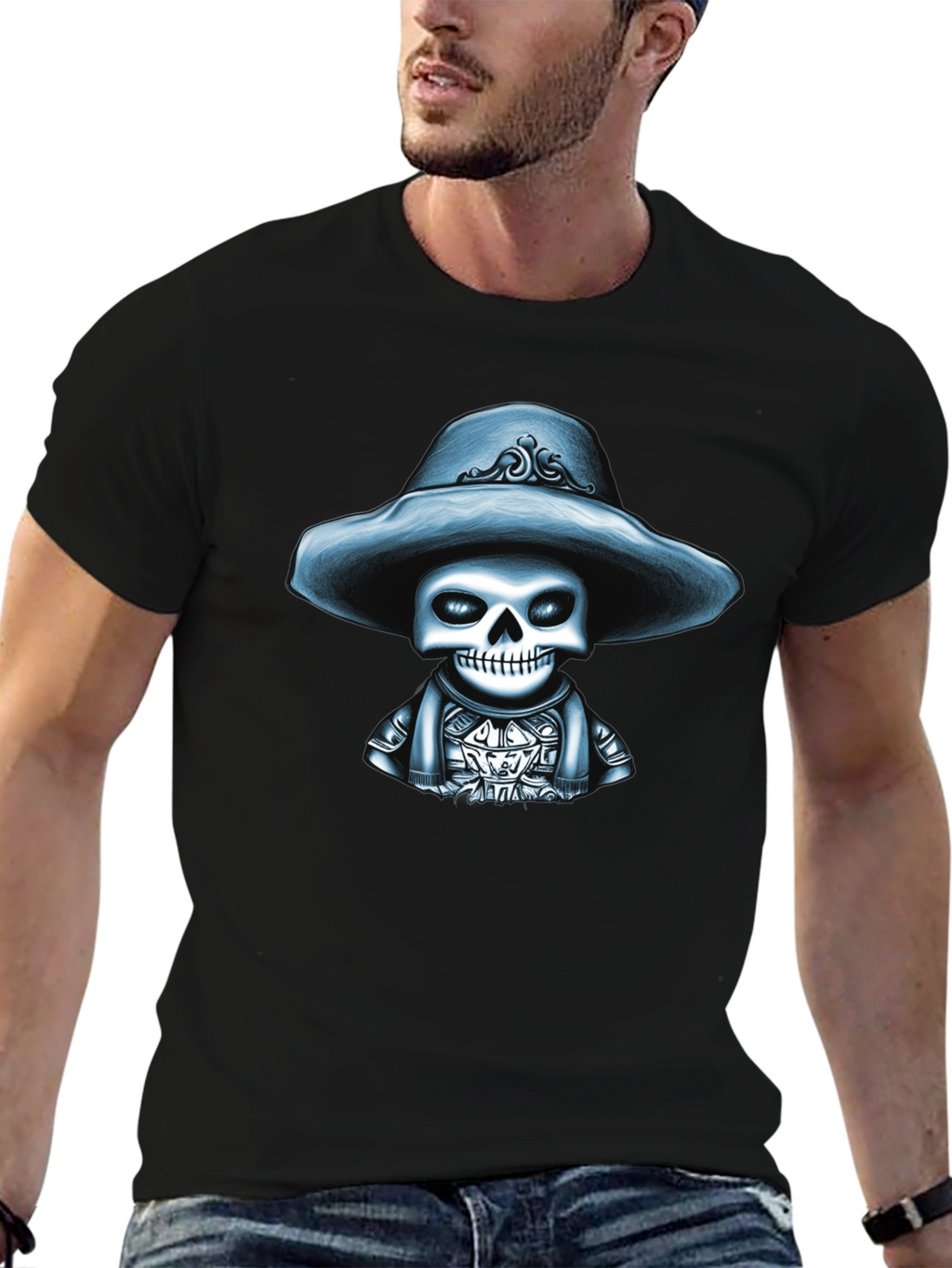 Skull in Hat Graphic Tee - Stylish Mens T-Shirt