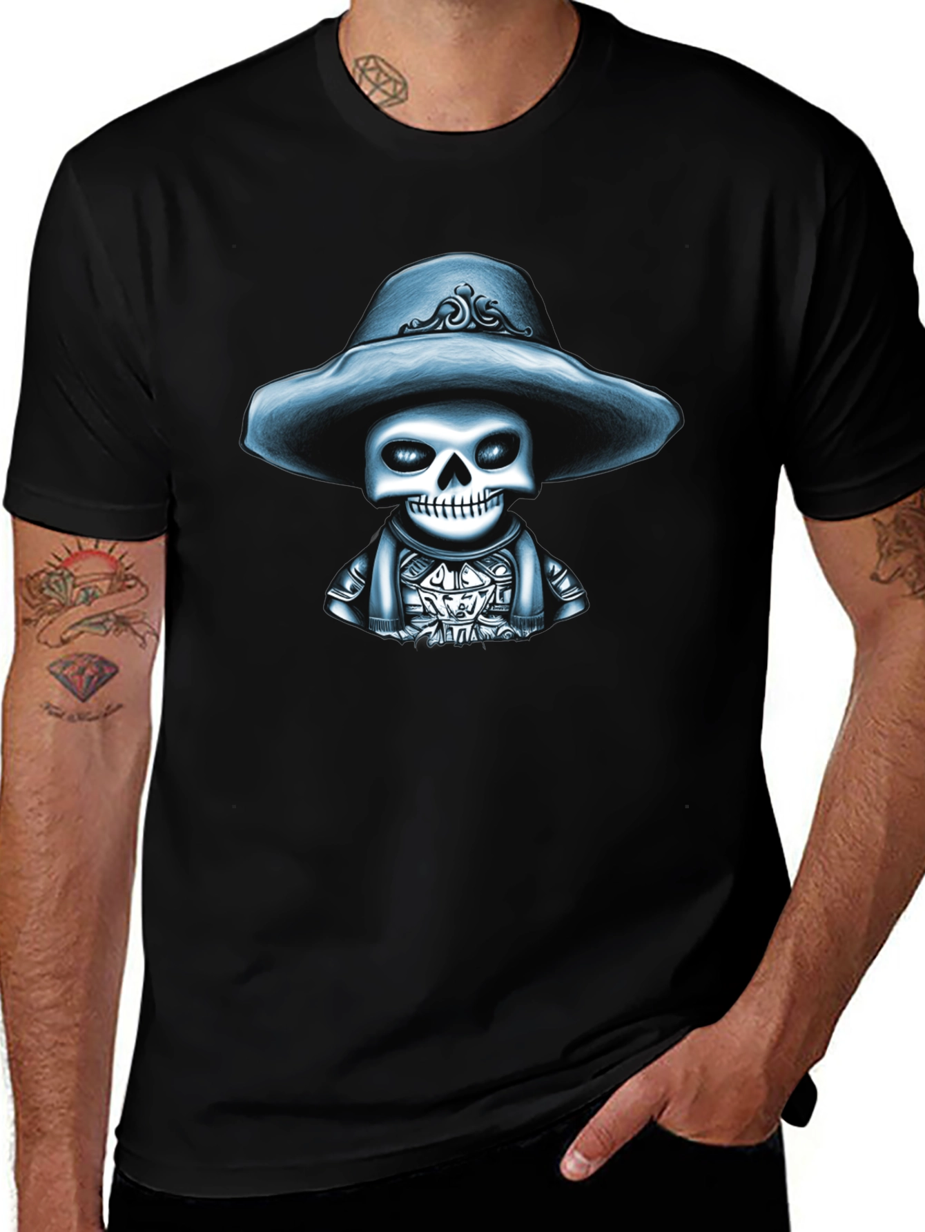 Skull in Hat Graphic Tee - Stylish Mens T-Shirt