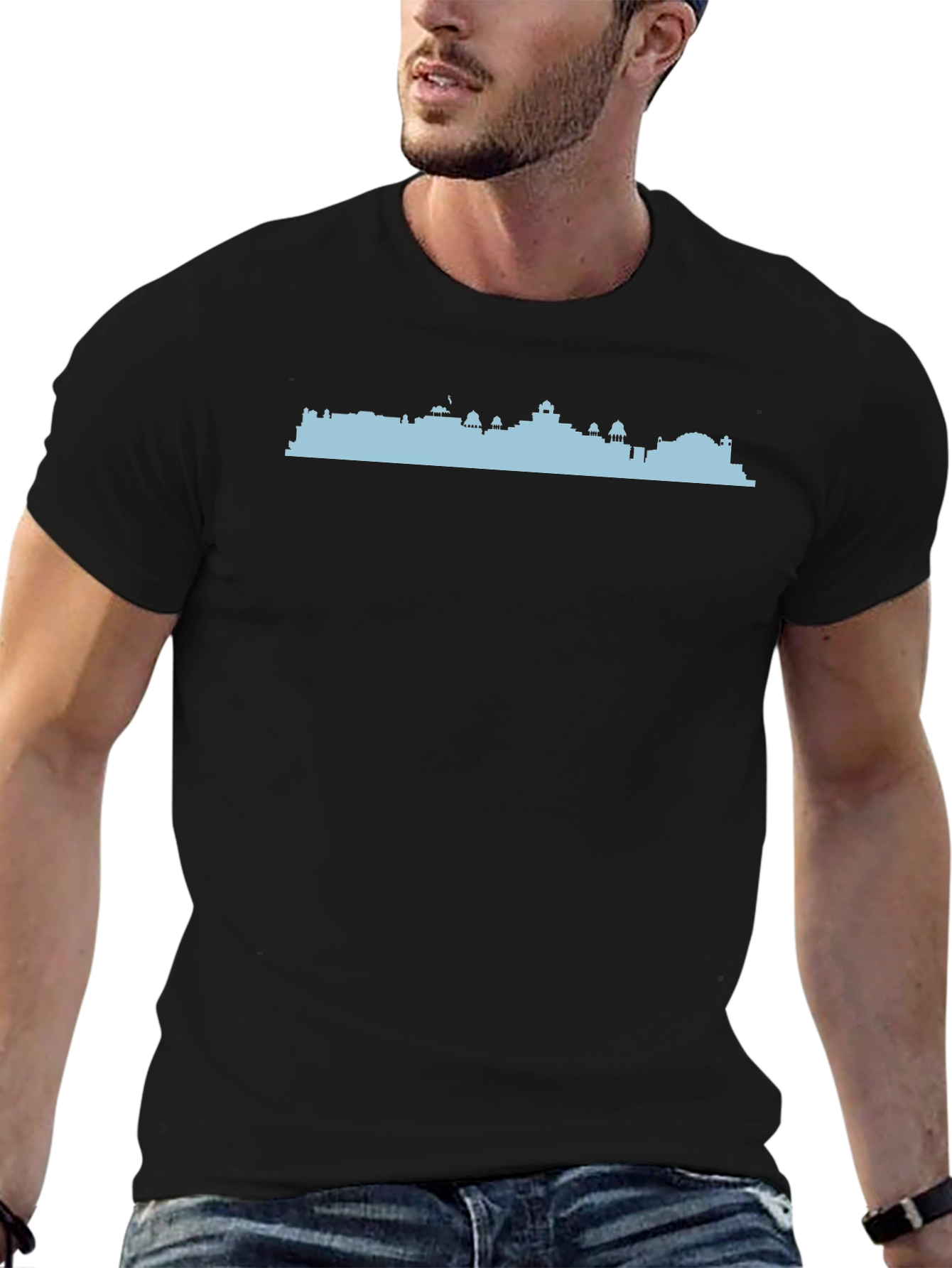 Cityscape Silhouette Graphic Tee - Black Cotton T-Shirt