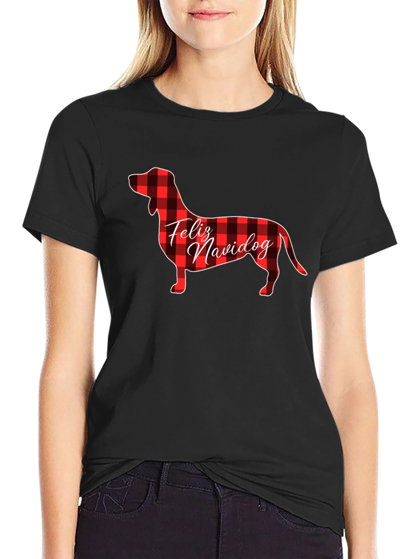Feliz Navidog Plaid Dachshund Black T-Shirt