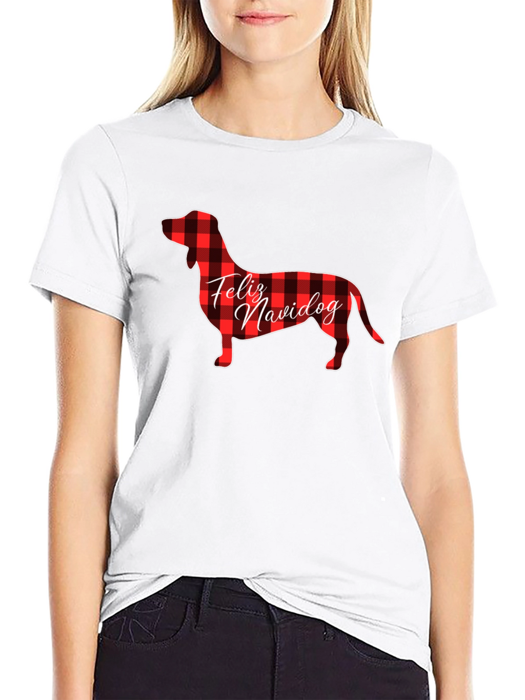 Feliz Navidog Plaid Dachshund Black T-Shirt