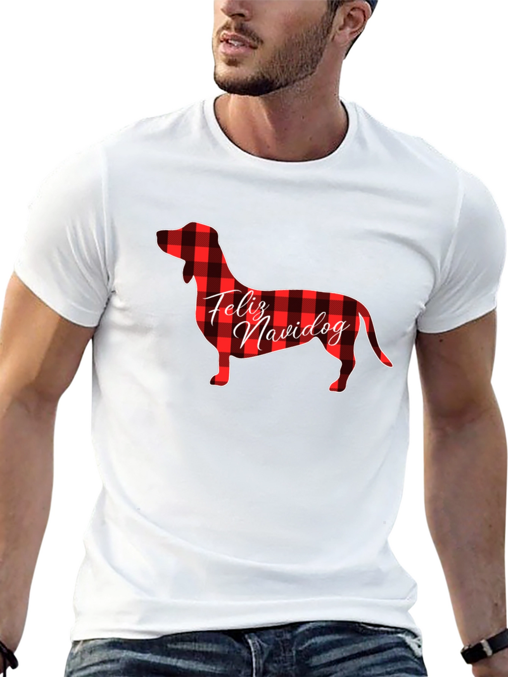 Feliz Navidog Plaid Dachshund Black T-Shirt