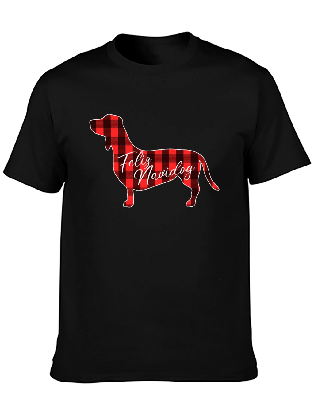Feliz Navidog Plaid Dachshund Black T-Shirt