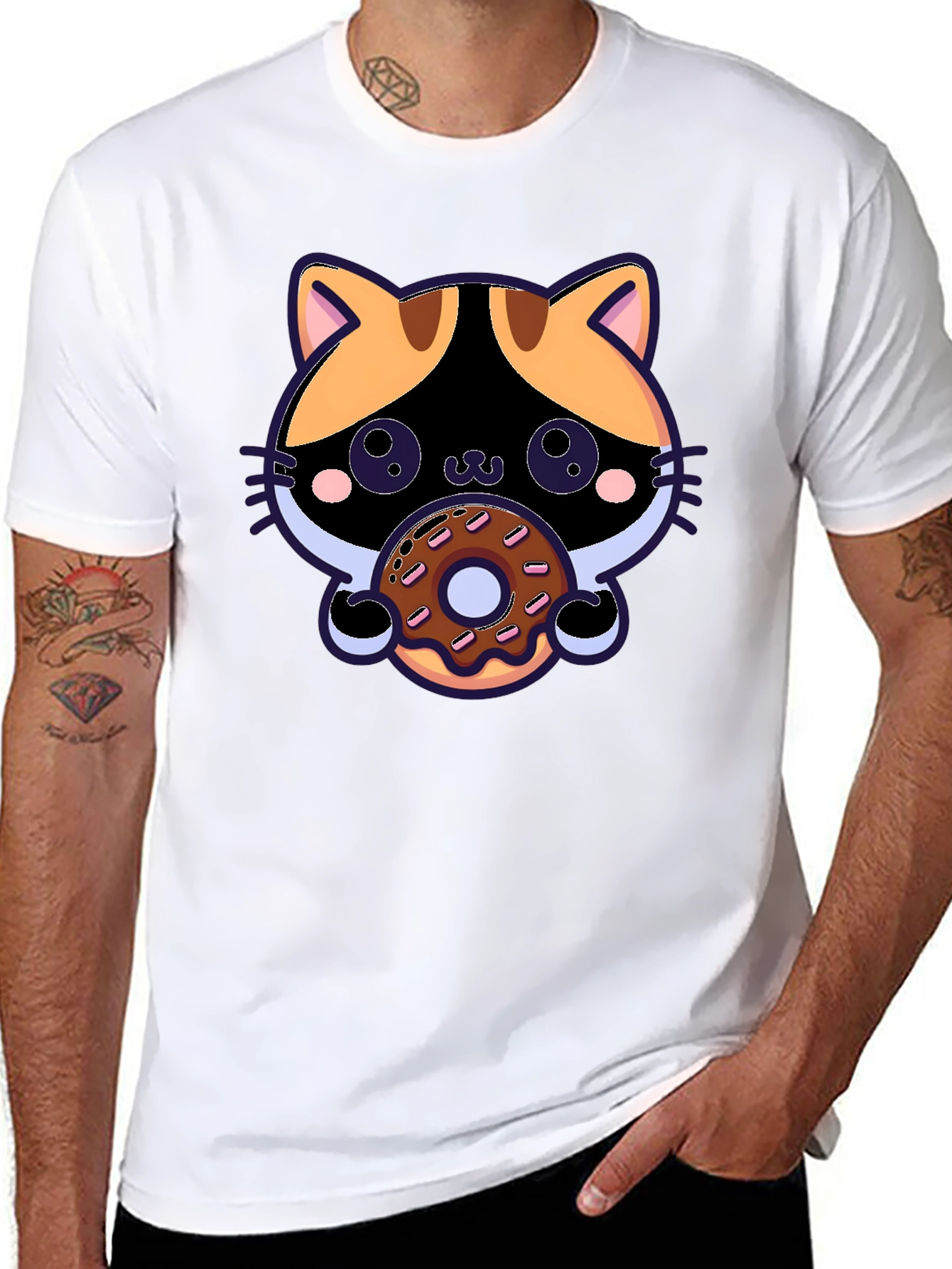 Cute Cat Donut T-Shirt - Black