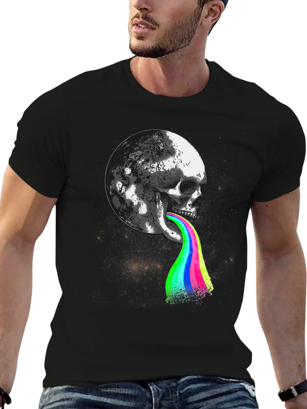 Skull Moon Rainbow Vomit Black T-Shirt